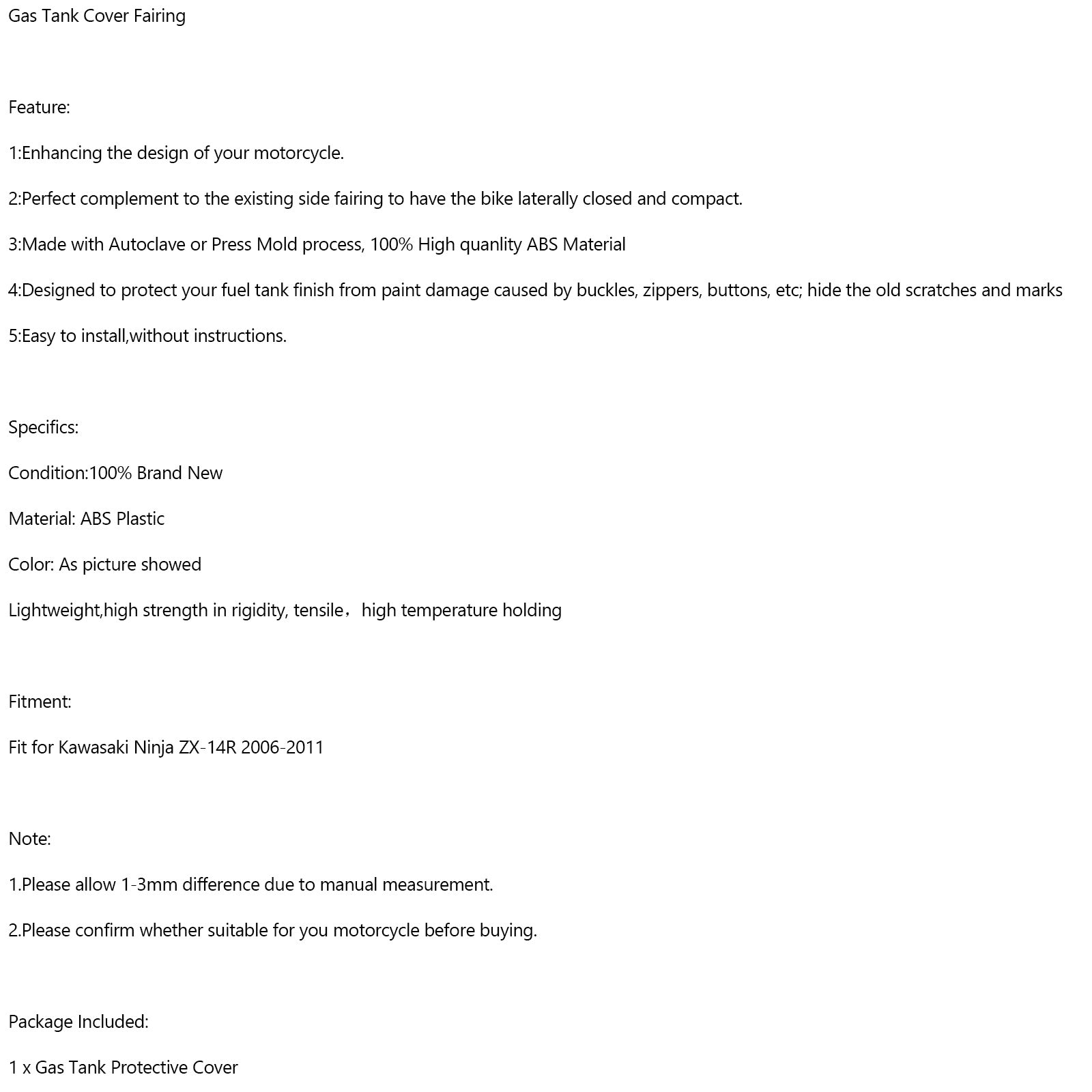 Gasstankdekning Fairing Protector for Kawasaki Ninja ZX-14R 2006-2011 Karbon