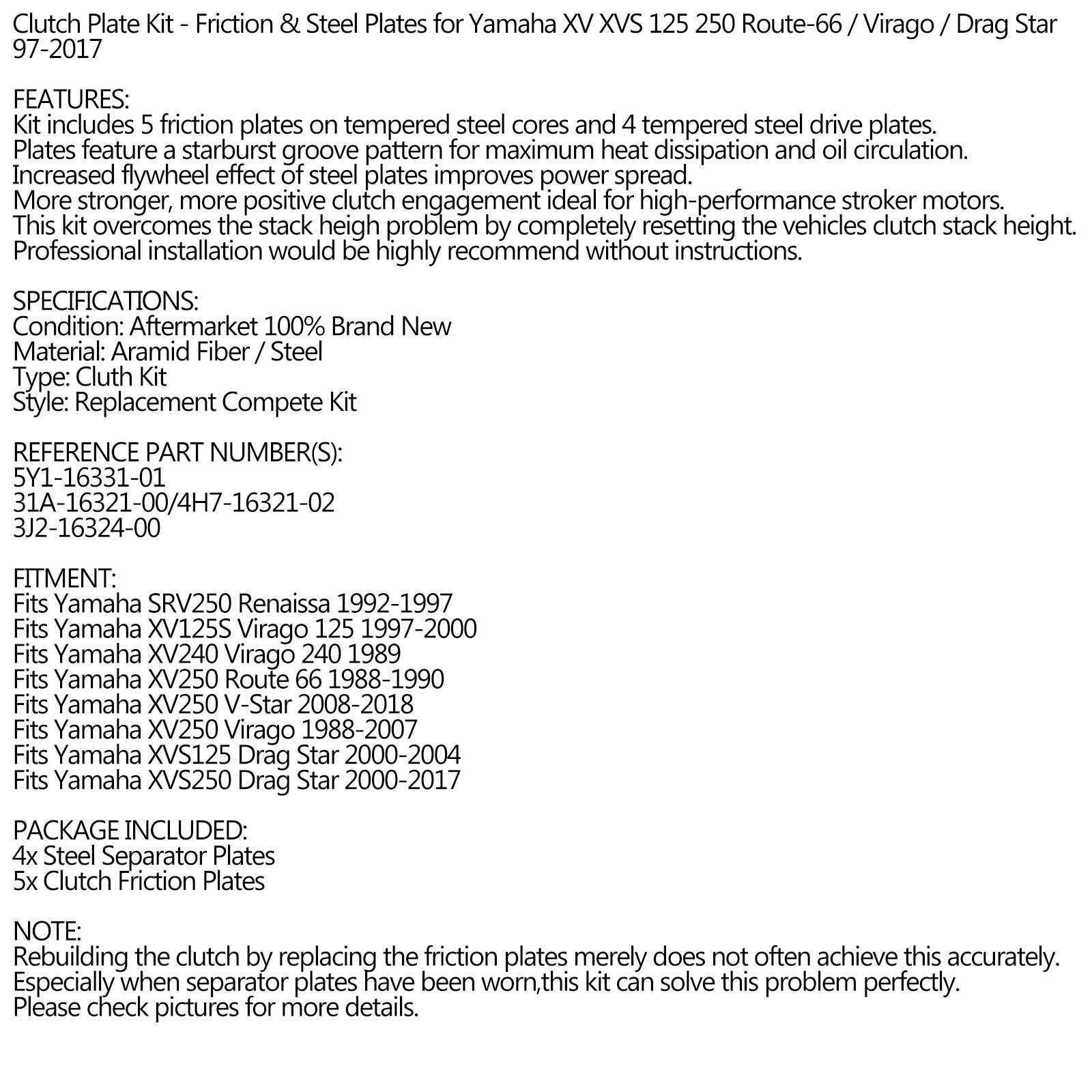 Kupplungssatz Stahl & Reibscheiben für Yamaha XV XVS 125 250 Virago 1997-2017
