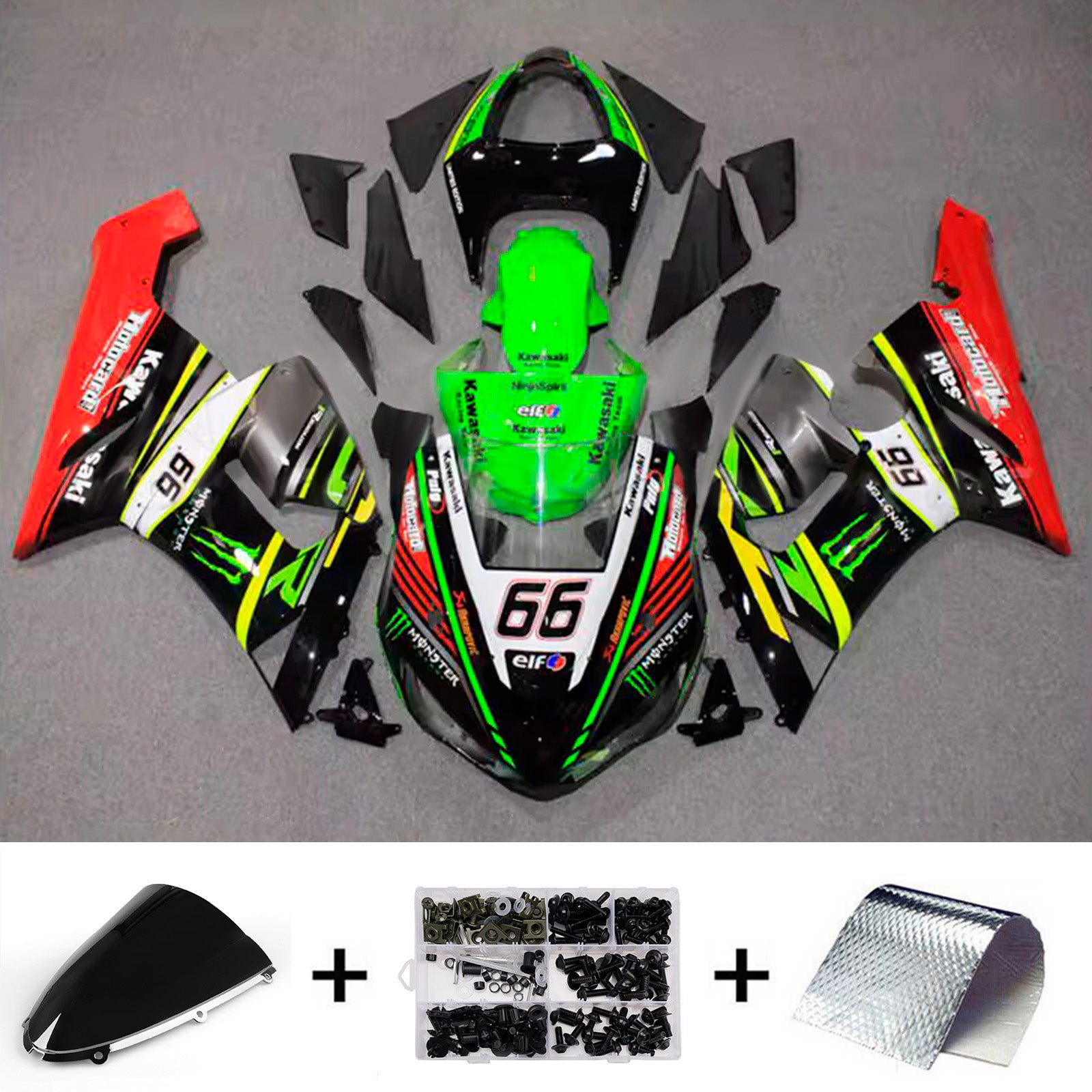 Amotopart 2005-2006 Kawasaki ZX6R 636 Black Green White Red Fairing Kit