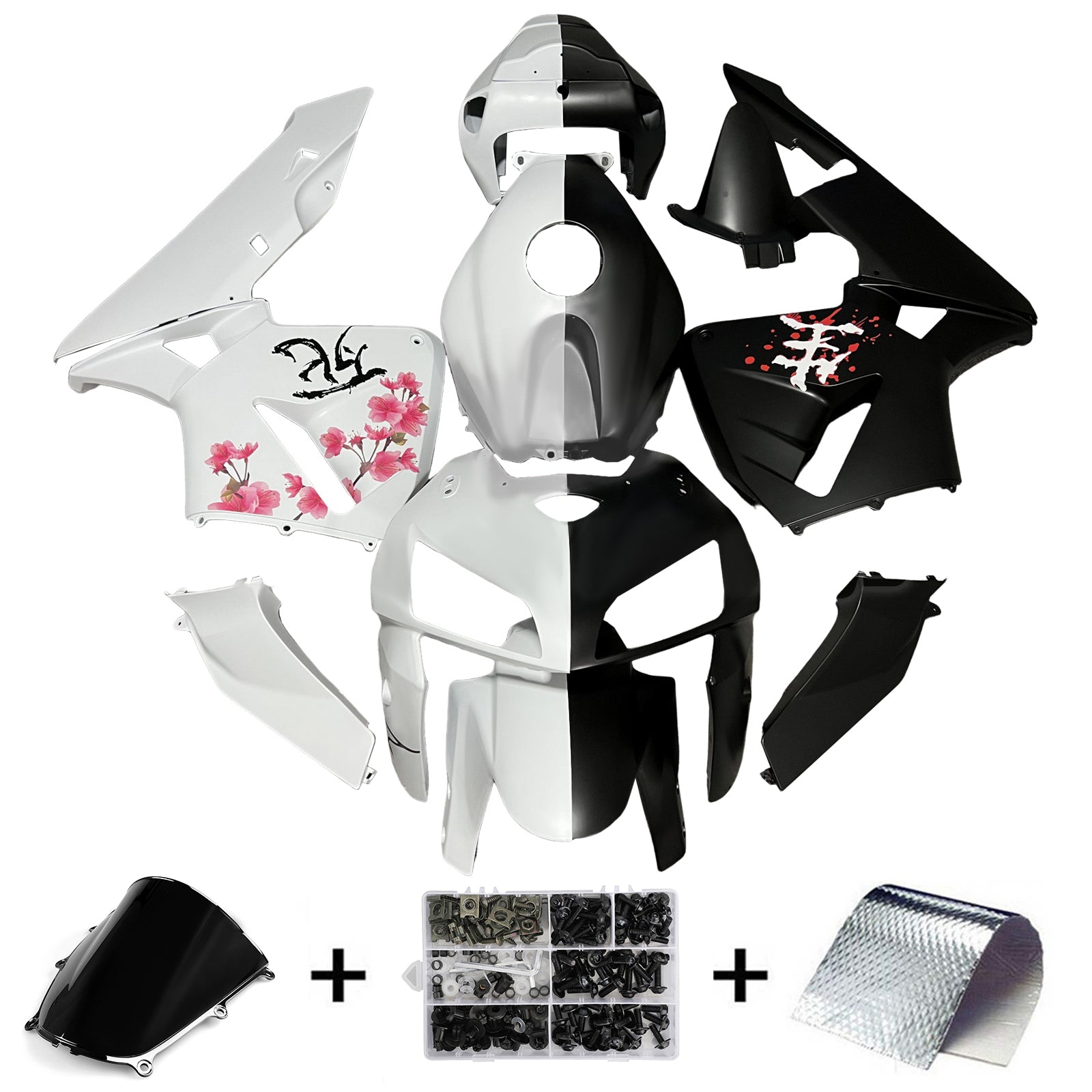 Amotopart 2005-2006 Honda CBR600RR Black White Cherry Blossom Fairing Kit