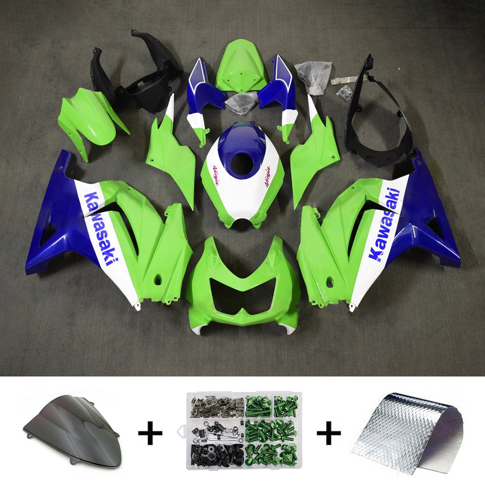 Amotopart 2008-2012 Kawasaki EX250/Ninja250R Green Blue White Fairing Kit