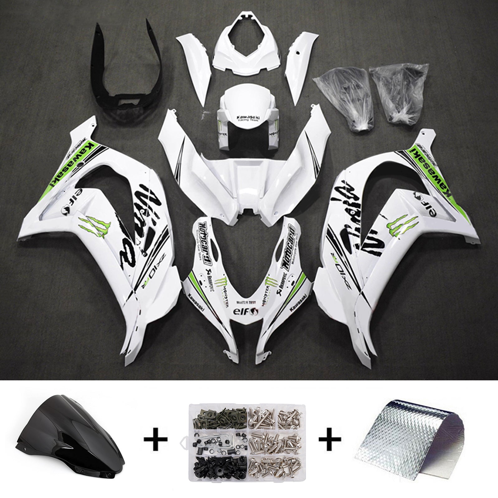 Amotopart 2016-2020 Kawasaki ZX10R White Black Green Fairing Kit