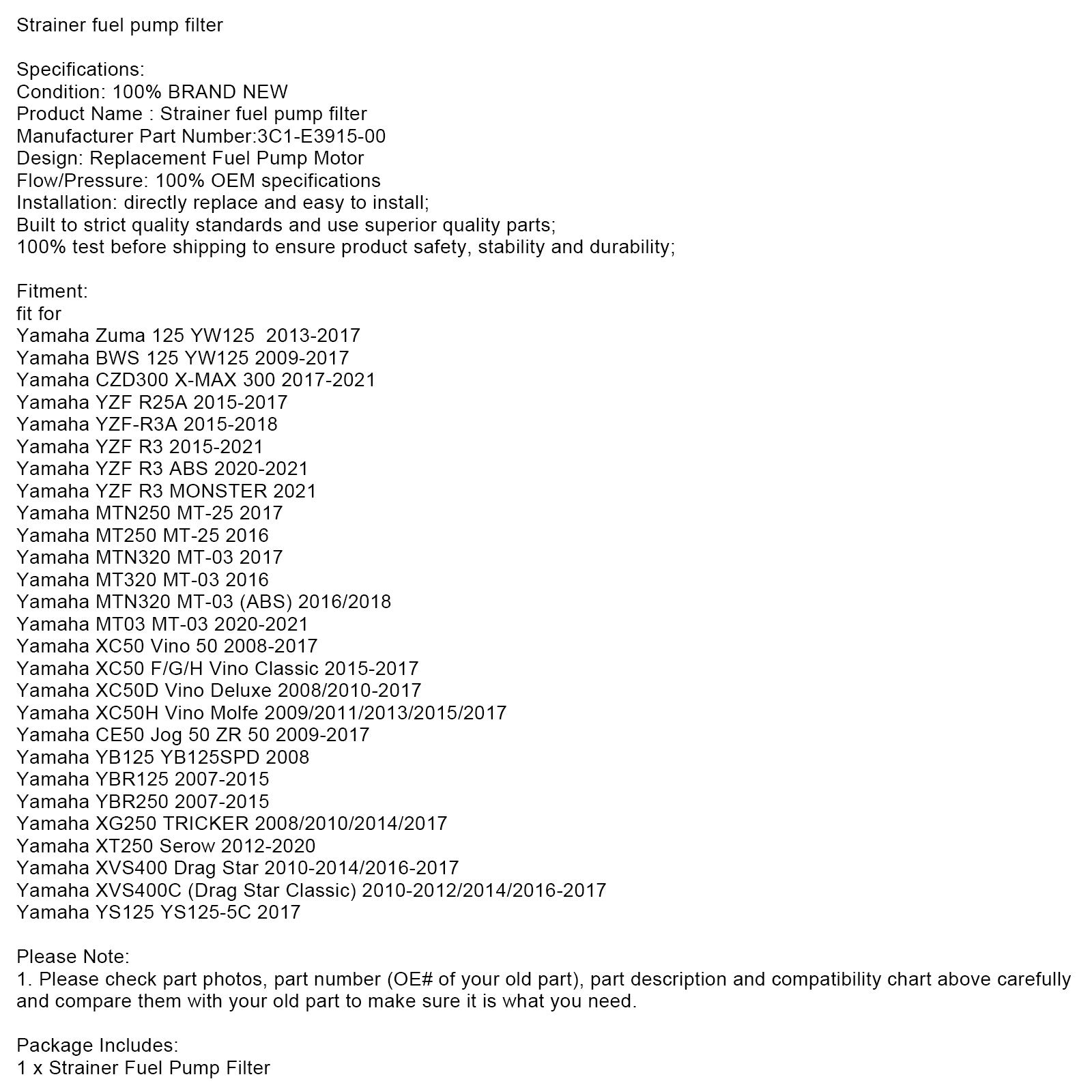 SHARTER BRANDSTOFPOMPFILTER VOOR YAMAHA MTN250 MT320 YBR125 XVS400C #3C1-E3915-00