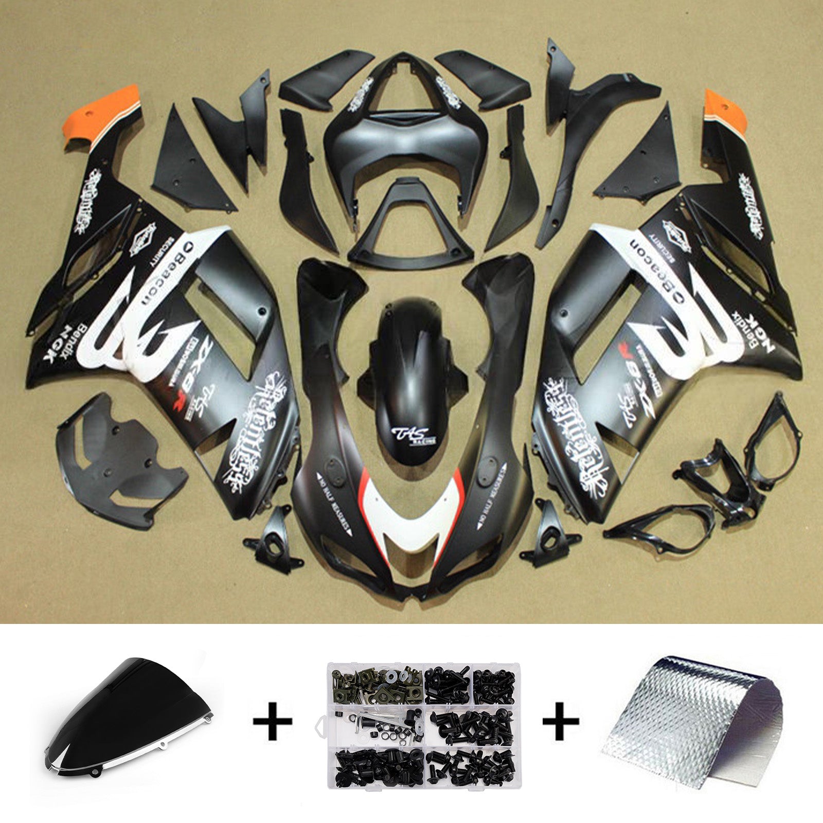 Amotopart 2007-2008 Kawasaki ZX6R 636 Balck White Fairing Kit