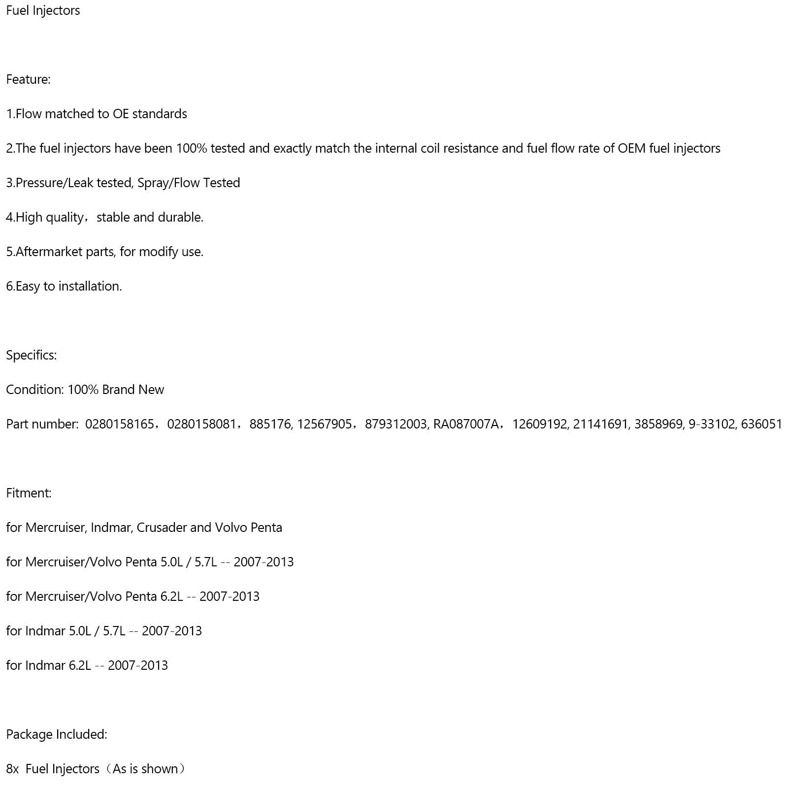 8PCS 0280158165 Drivstoffinjektorer 0280158081 879312003 for Mercruiser Volvo Penta