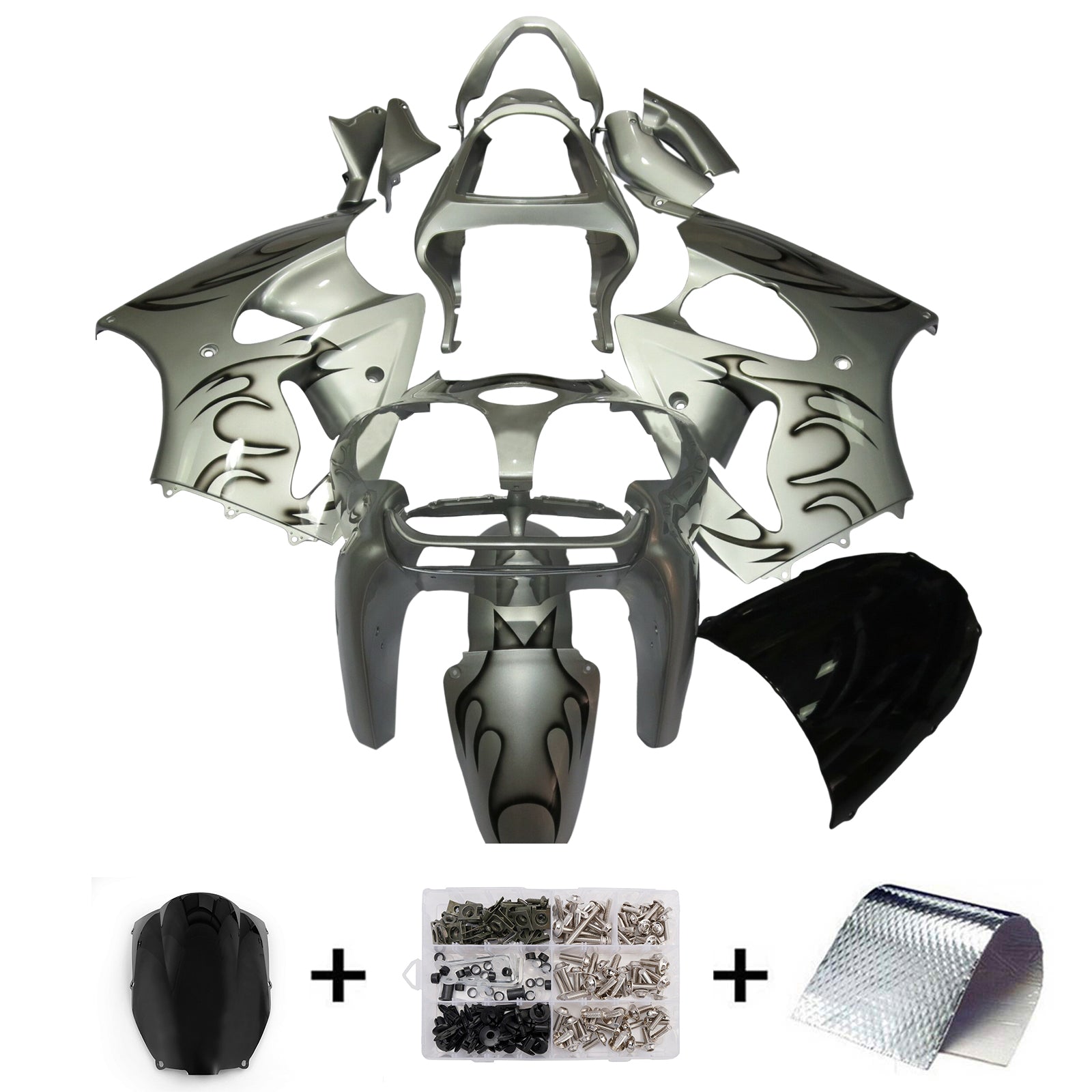 Amotopart Kawasaki 00-02 ZX6R 636 & 05-08 ZZR600 Silver & Black Fairing Kit