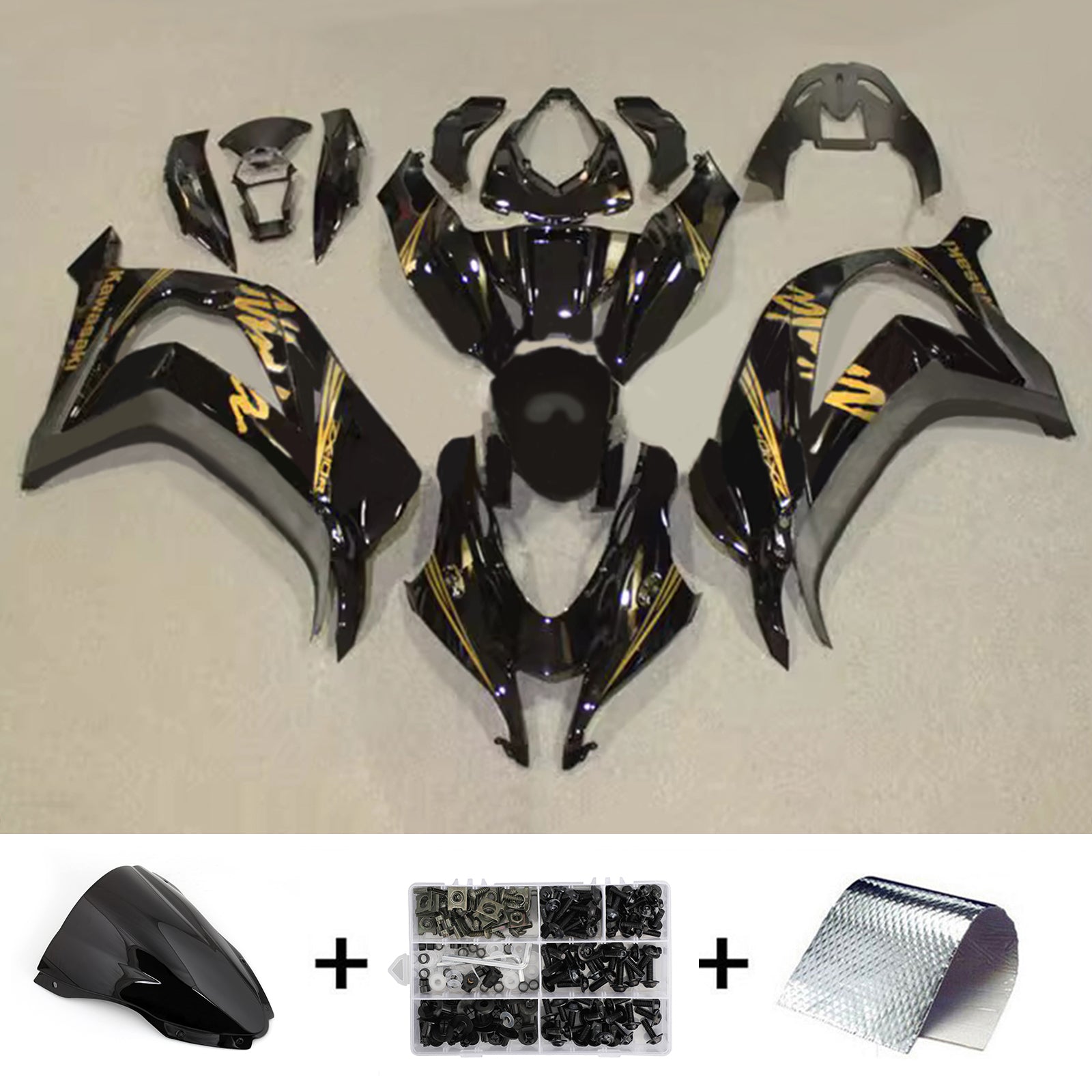Amotopart 2016-2020 Kawasaki ZX10R Black Gold Fairing Kit