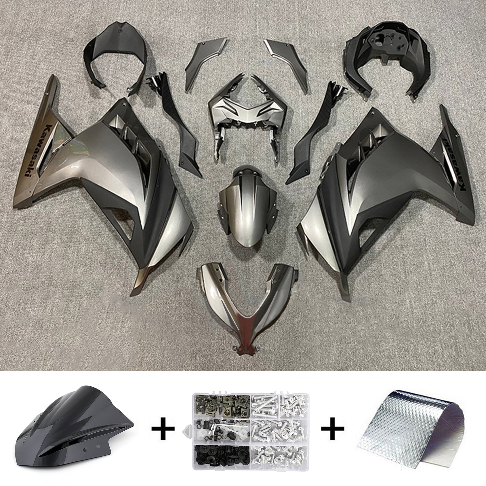 Amotopart 2013-2024 Kawasaki EX300/Ninja300 Grau&Schwarzes Verkleidungskit