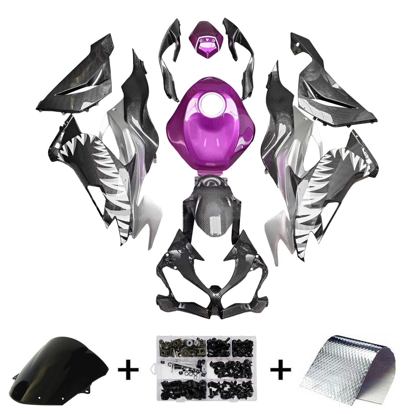 Amotopart 2019-2023 Kawasaki ZX6R Purple & Carbon Fiber Pattern Fairing Kit