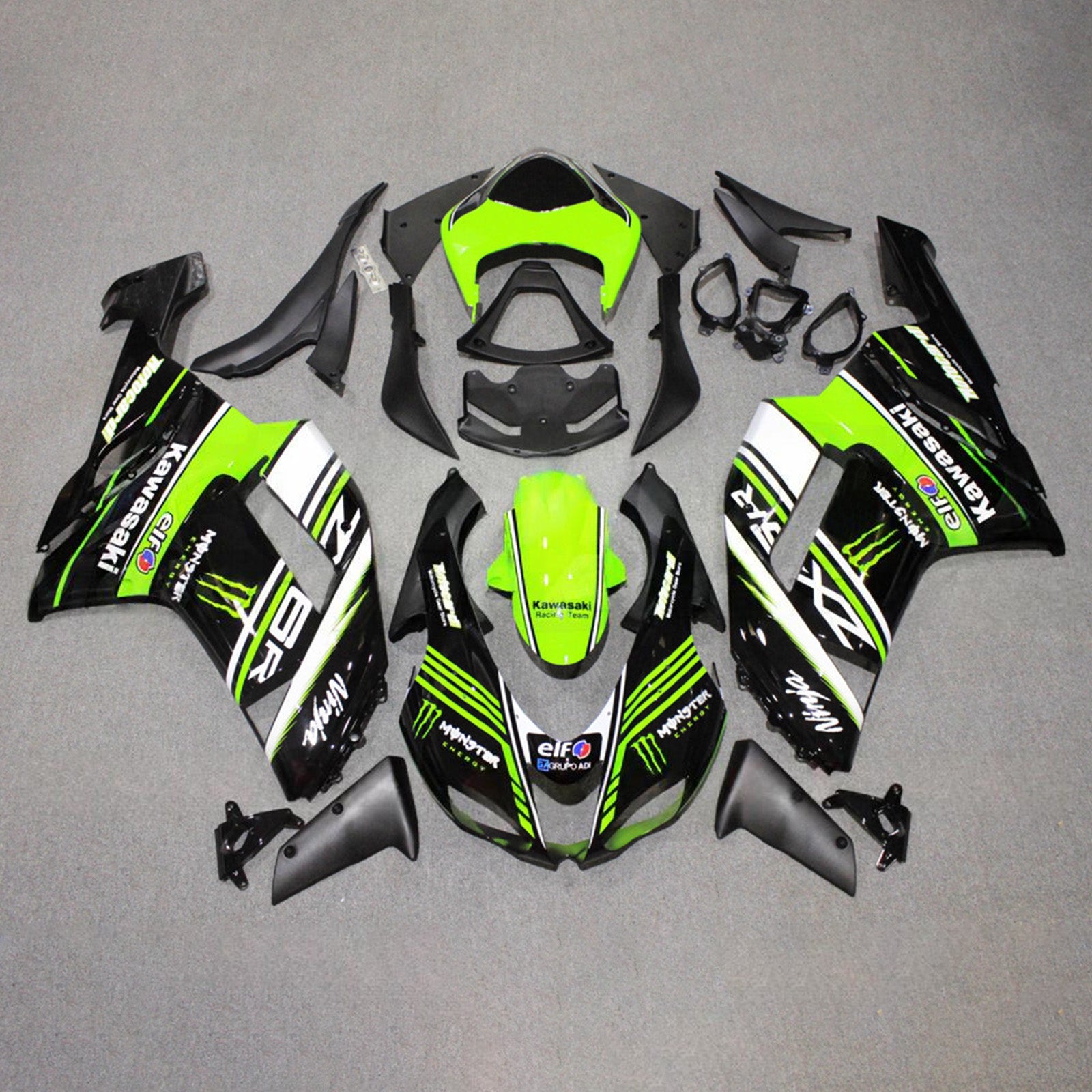 Amotopart 2007-2008 Kawasaki ZX6R 636 Green Black White Fairing Kit