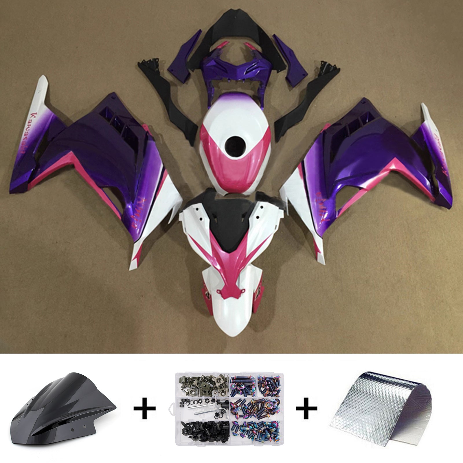 Amotopart 2013-2024 Kawasaki EX300/Ninja300 Pink Purple White Fairing Kit