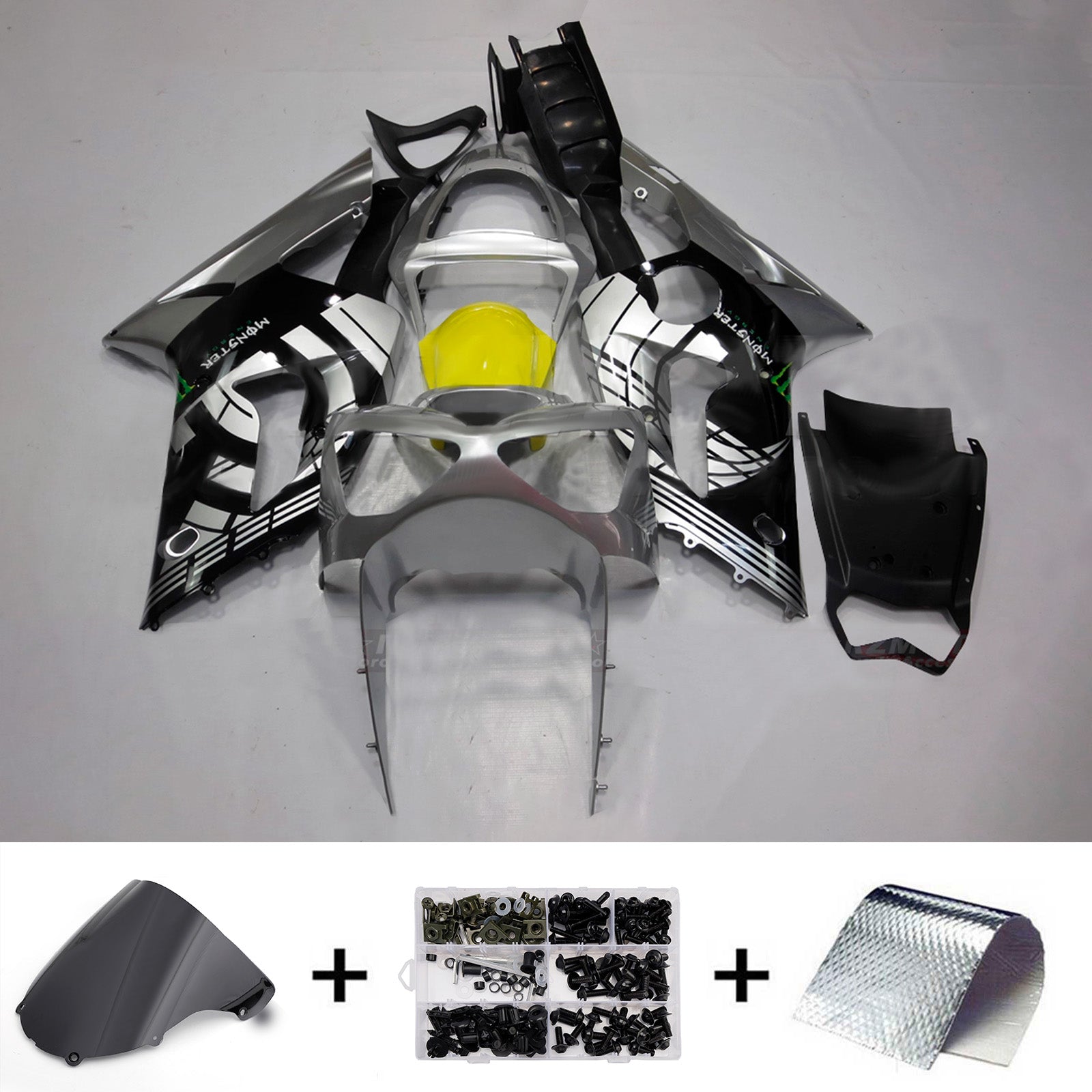 Amotopart 2003-2004 Kawasaki ZX6R 636 Silver Black Fairing Kit