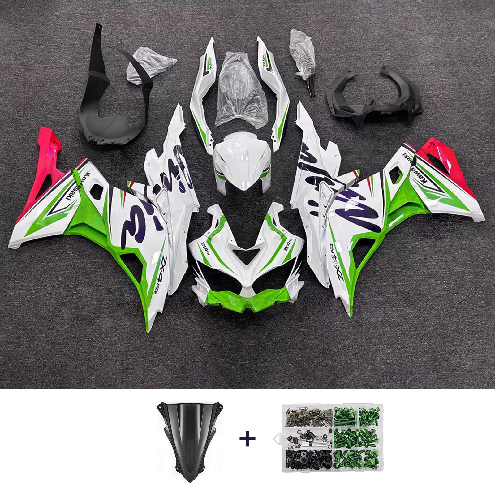 Amotopart 2019-2022 Kawasaki Ninja ZX-25R 2023-2025 Kawasaki Ninja ZX-4R/ZX-4RR White Green Pink Fairing Kit