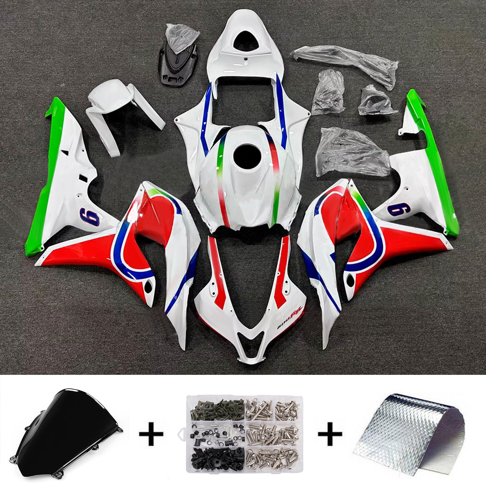 Amotopart 2007-2008 Honda CBR600RR White Red Green Fairing Kit