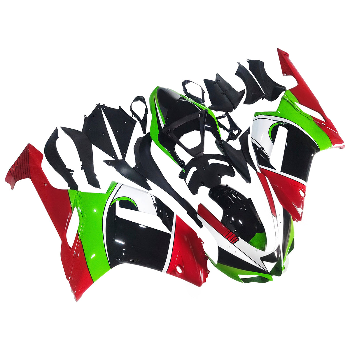 Amotopart 2007–2008 Kawasaki ZX-6R 636 Schwarz Grün Rot Weiß Verkleidungsset