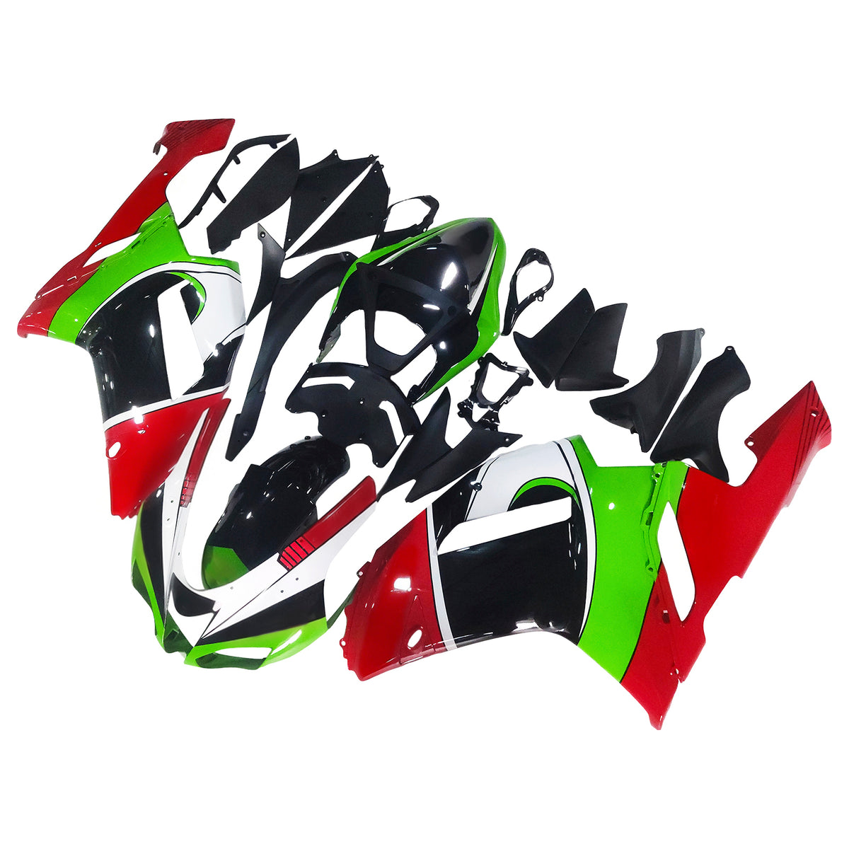 Amotopart 2007–2008 Kawasaki ZX-6R 636 Schwarz Grün Rot Weiß Verkleidungsset