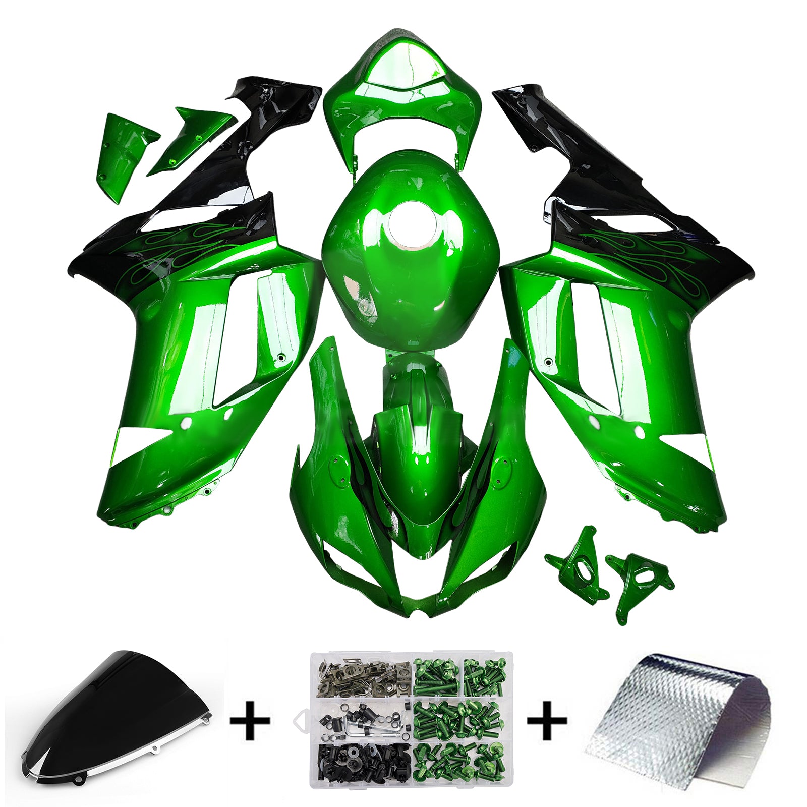 Amotopart 2007-2008 Kawasaki ZX6R 636 Glossy Black Green Fairing Kit