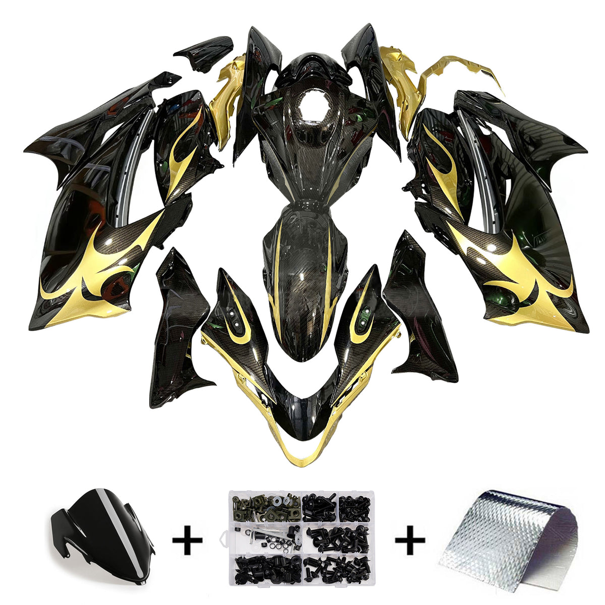 Amotopart 2021-2026 Suzuki Hayabusa GSX1300R Black Gold White Carbon Fiber Pattern Fairing Kit