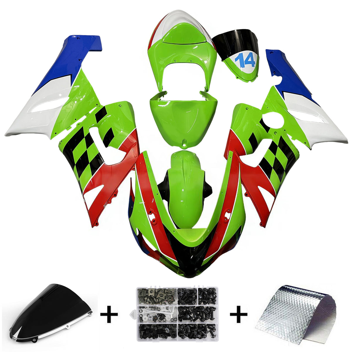 Amotopart 2005-2006 Kawasaki ZX-6R 636 Green White Red Black Fairing Kit
