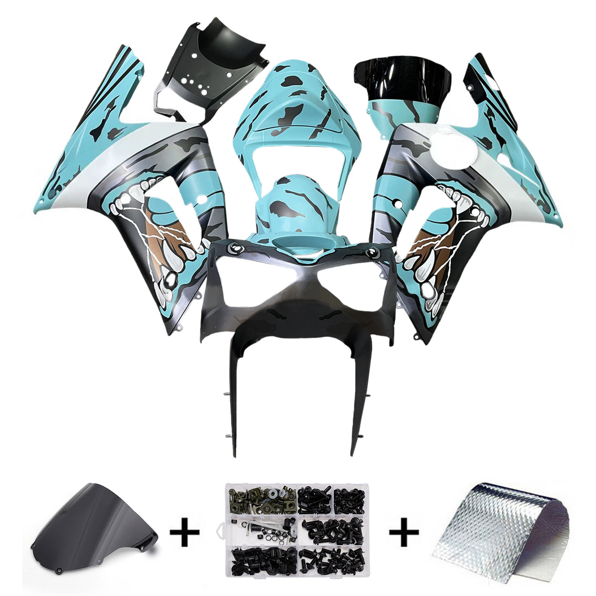 Amotopart 2003–2004 Kawasaki ZX-6R 636 Grau Blau Weiß Schwarz Verkleidungsset