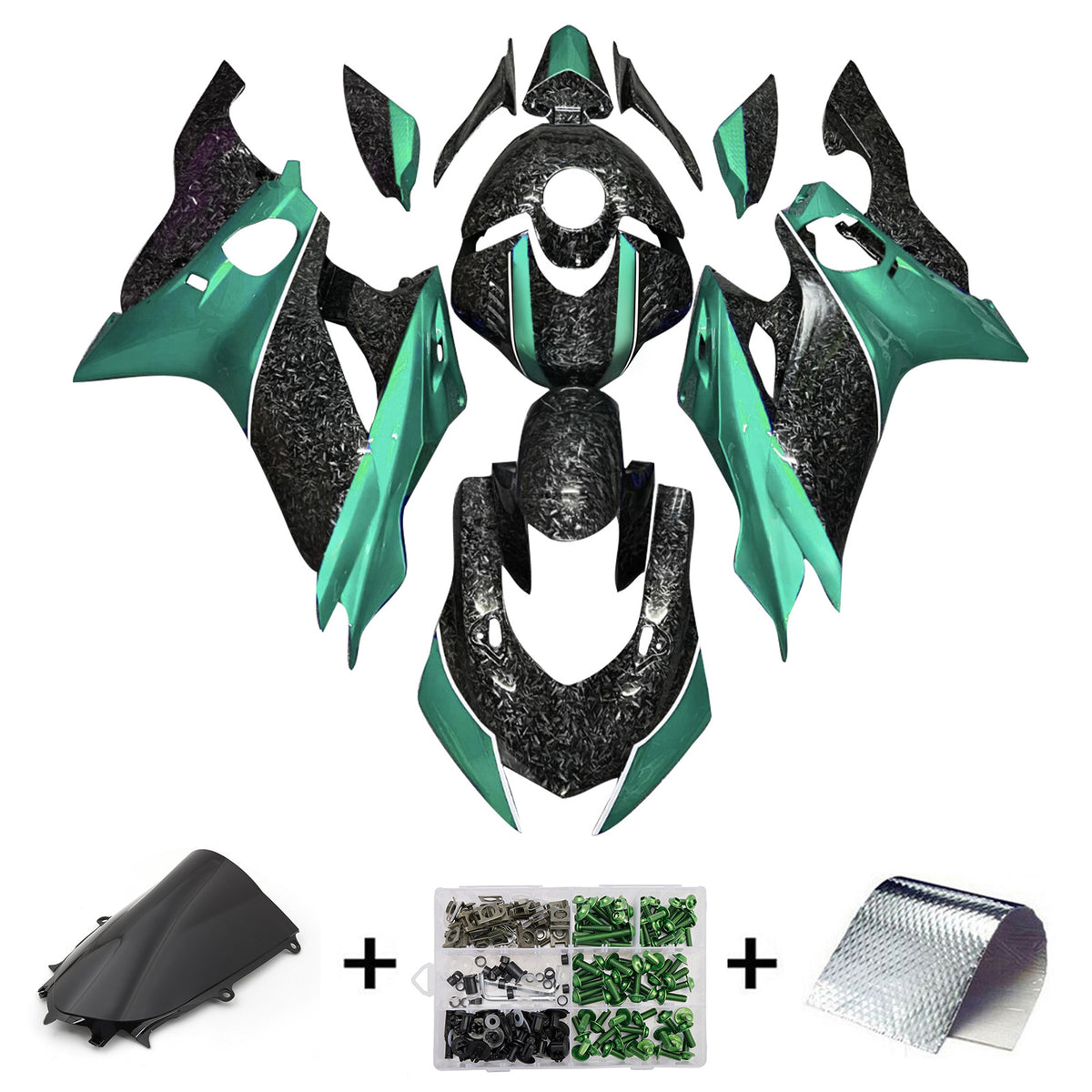 Amotopart 2017-2023 Yamaha YZF-R6 Black Green White Forged Carbon Fiber Pattern Fairing Kit