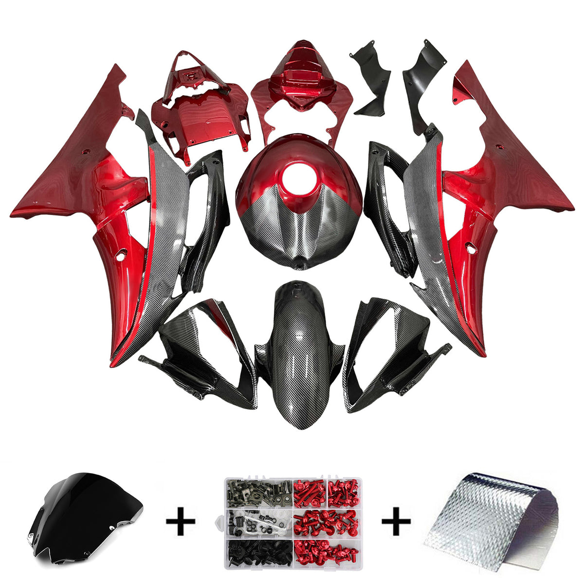 Amotopart 2008-2016 Yamaha YZF-R6 White Black Red Carbon Fiber Pattern Fairing Kit