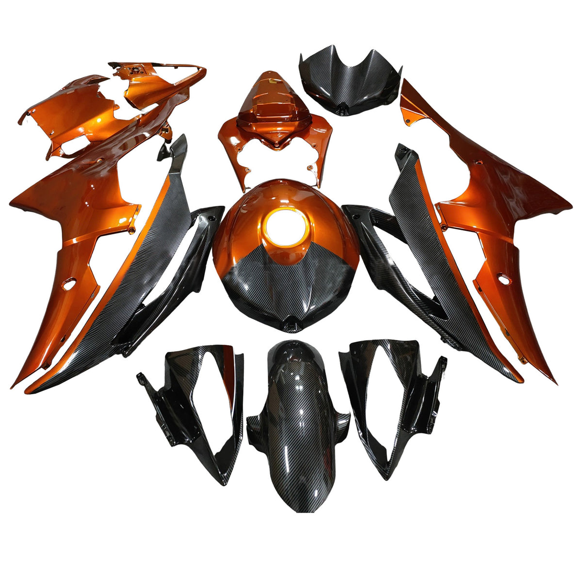Amotopart 2008-2016 Yamaha YZF-R6 Orange Black White Carbon Fiber Pattern Fairing Kit