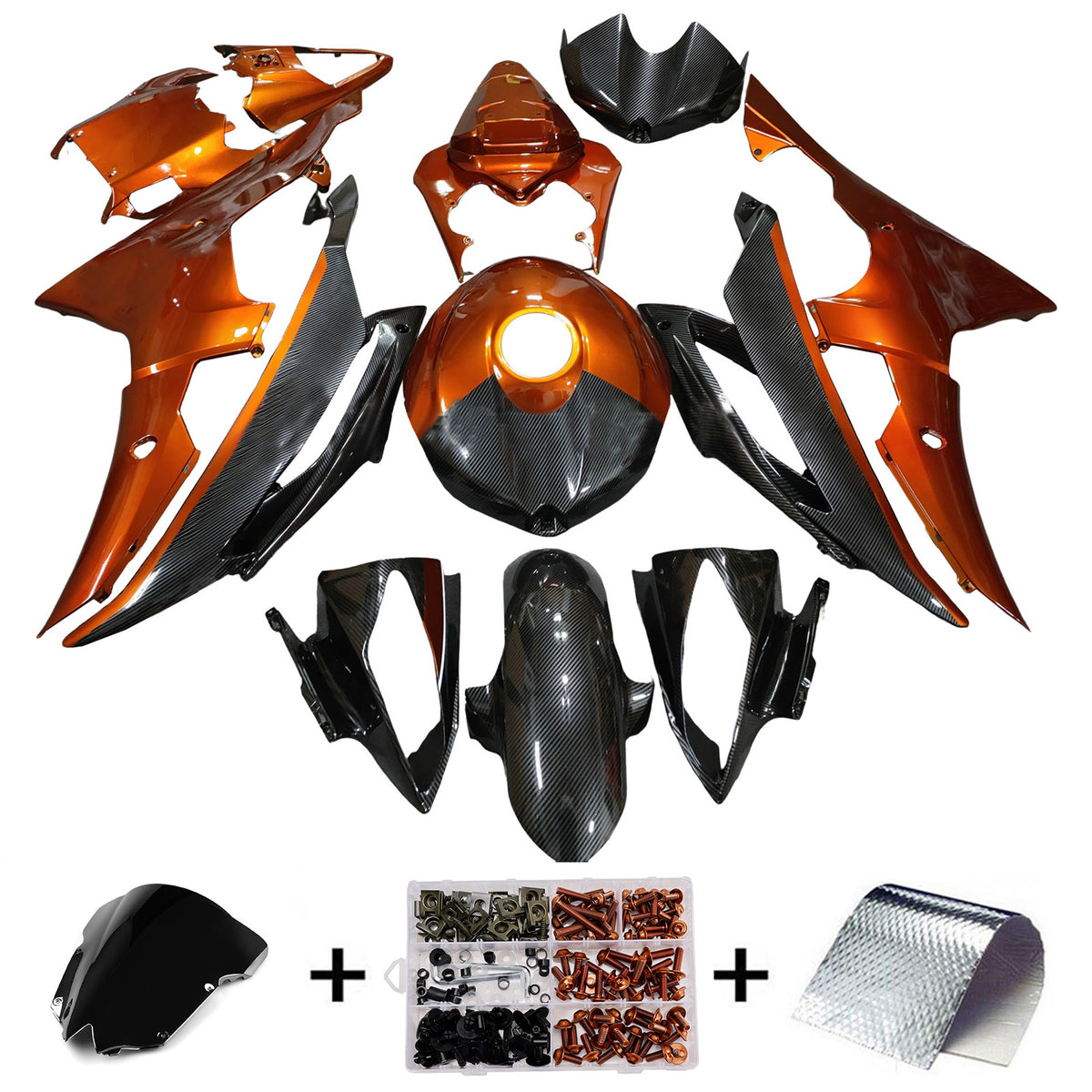 Amotopart 2008-2016 Yamaha YZF-R6 Orange Black White Carbon Fiber Pattern Fairing Kit