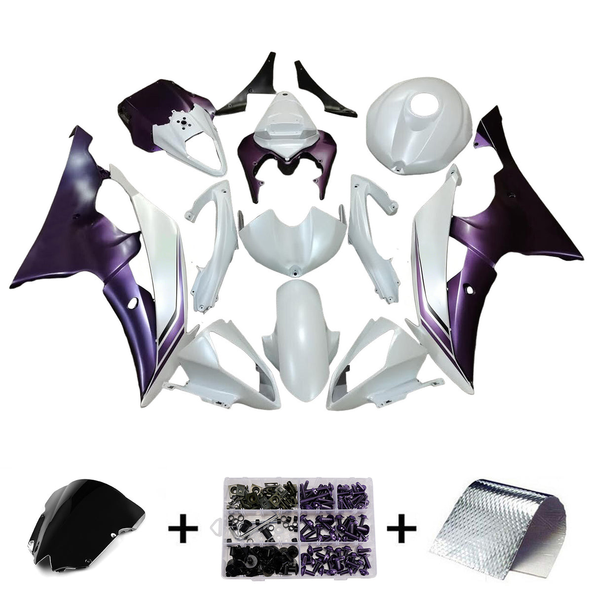 Amotopart 2008–2016 Yamaha YZF-R6 Grau Lila Weiß Schwarz Verkleidungsset