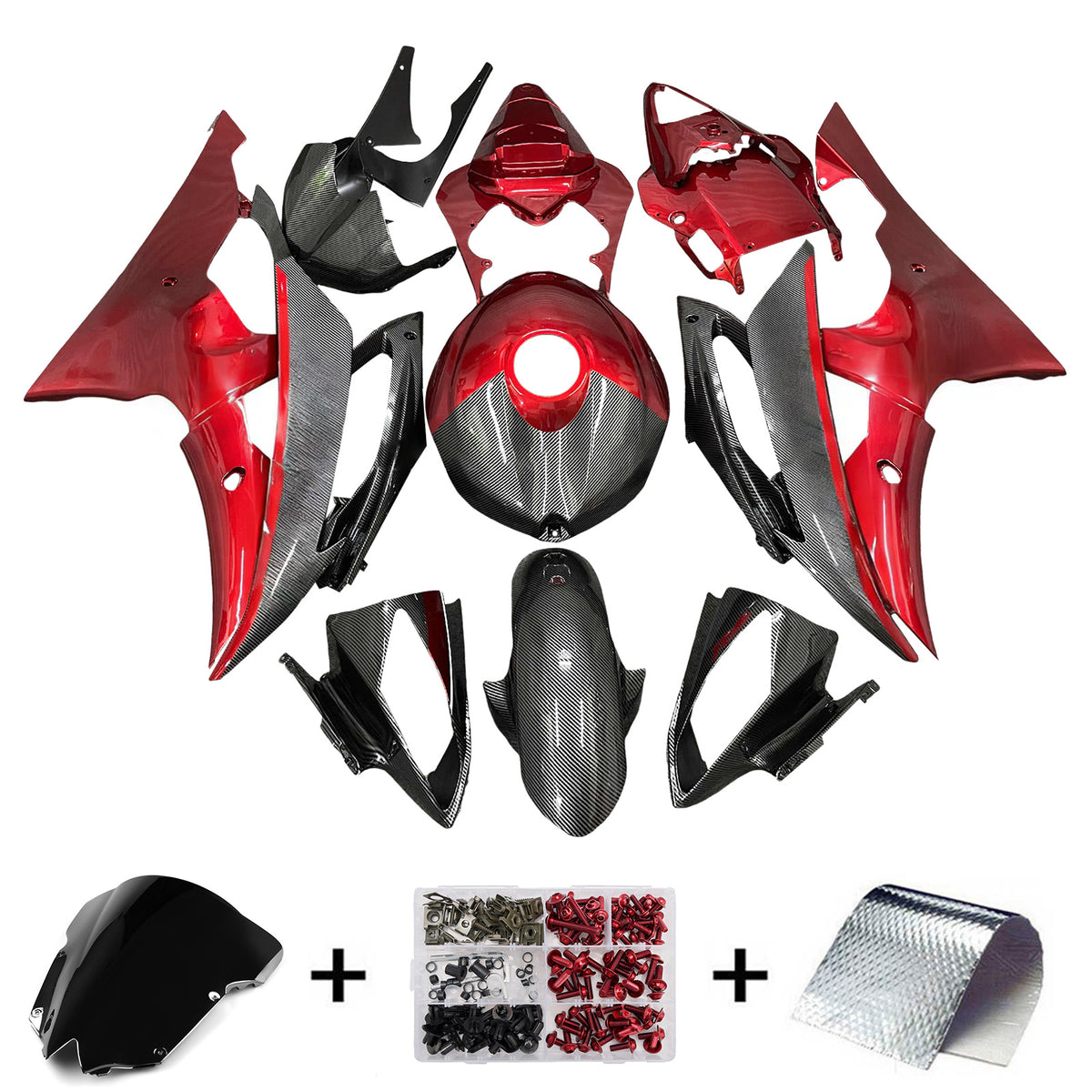 Amotopart 2008-2016 ヤマハ YZF-R6 黒赤白カーボンファイバーパターンフェアリングキット
