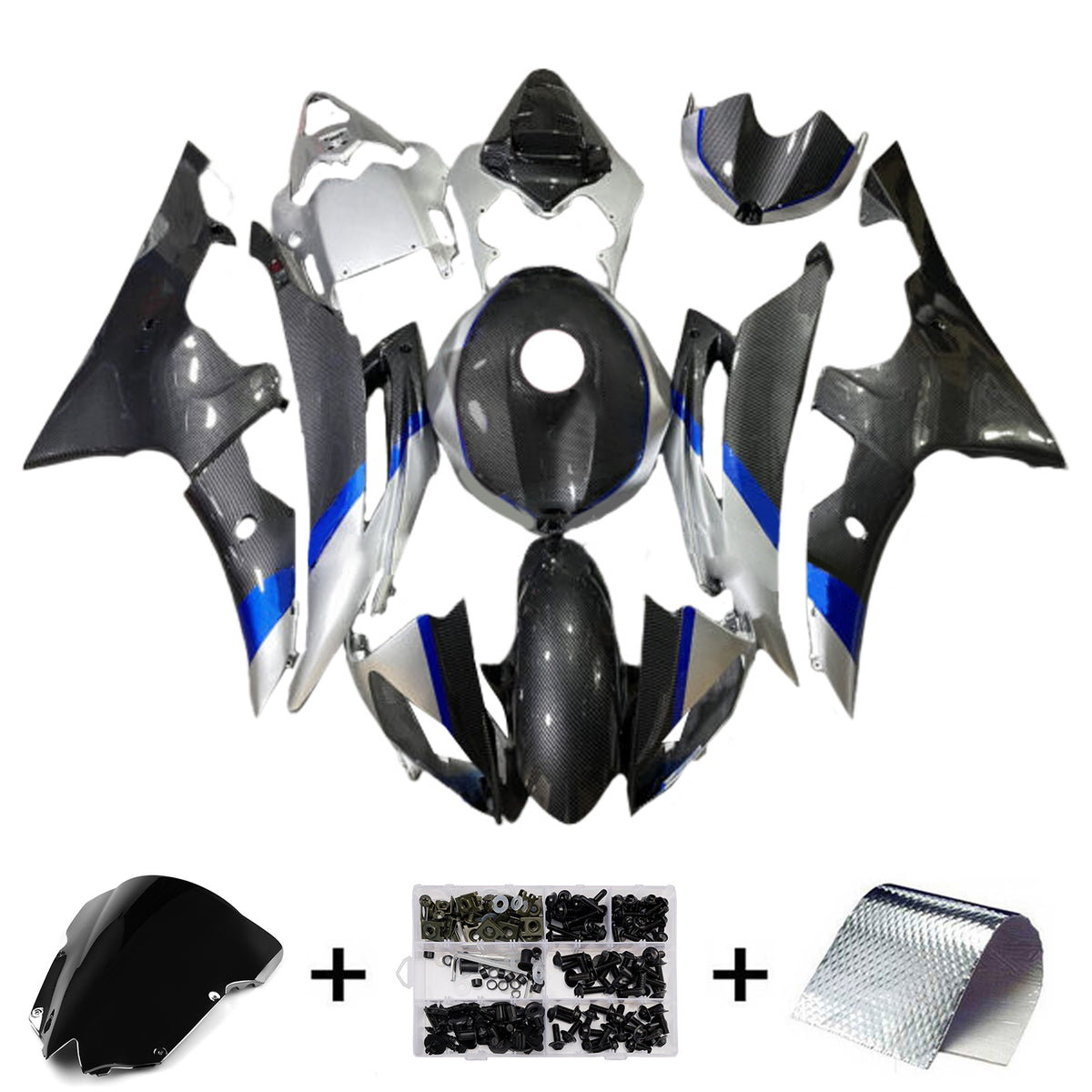 Amotopart 2008-2016 Yamaha YZF-R6 White Black Carbon Fiber Pattern Fairing Kit