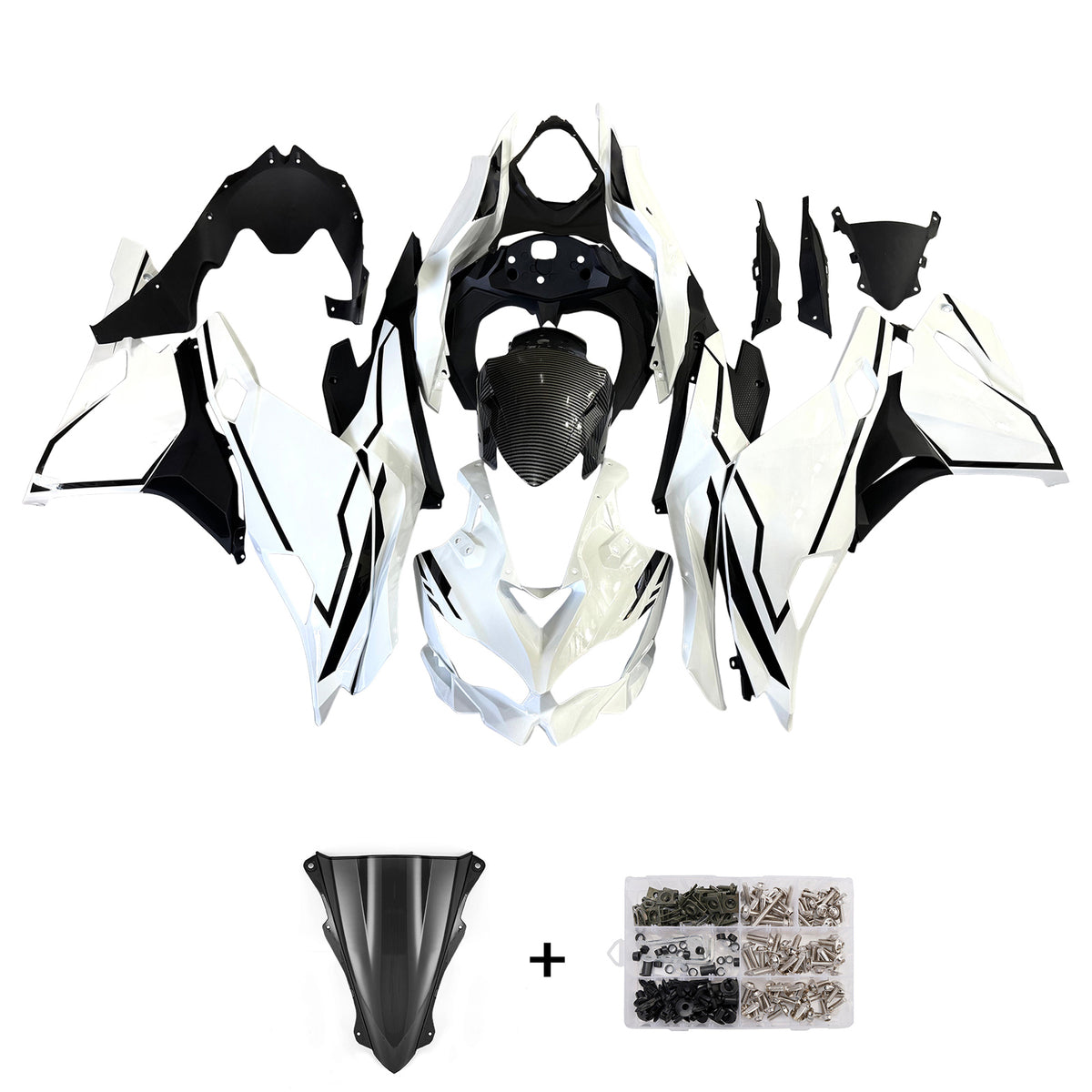 Amotopart 2019-2026 Kawasaki Ninja ZX-25R ZX-4R ZX-4RR Black White Carbon Fiber Pattern Fairing Kit