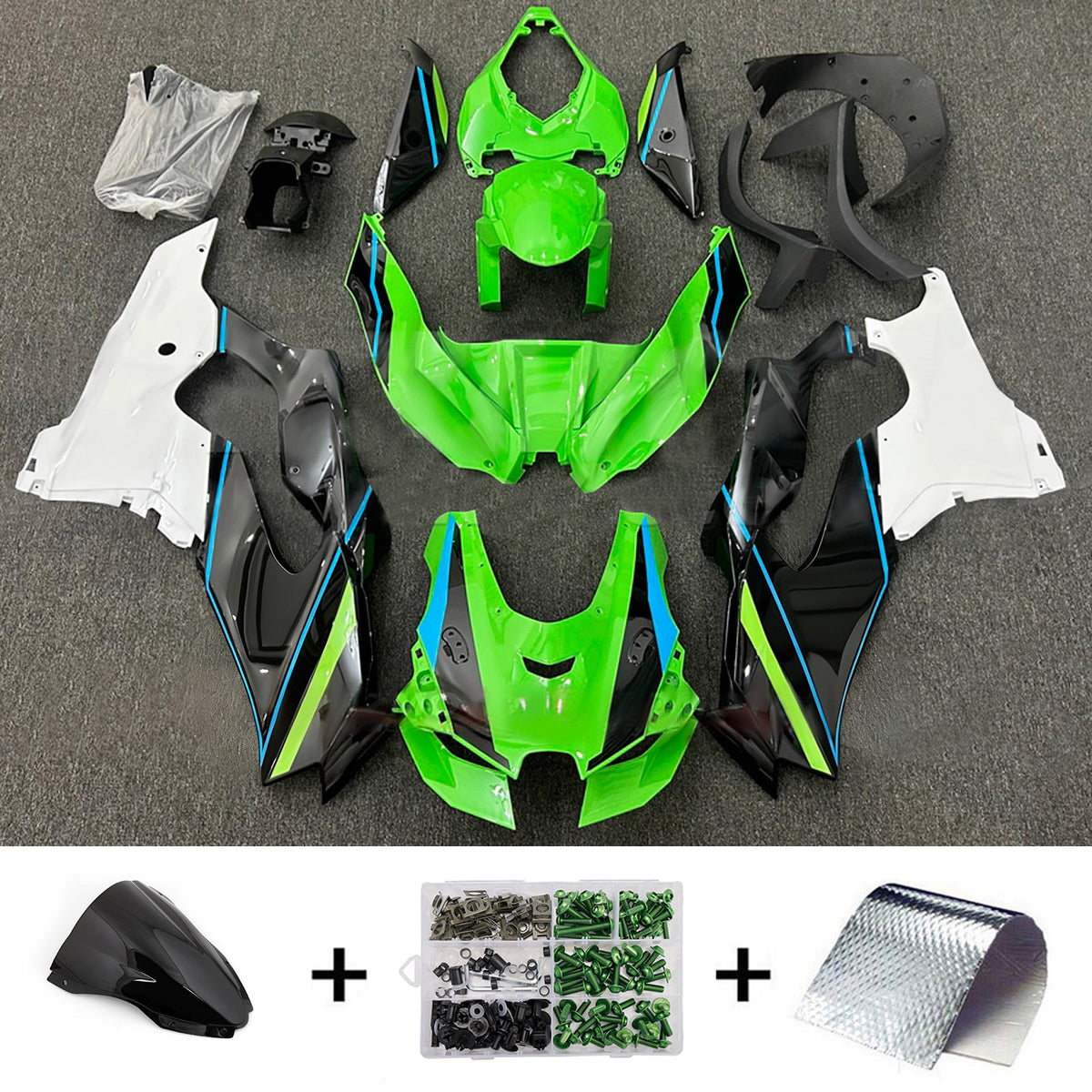 Amotopart 2021–2025 Kawasaki ZX-10R ZX-10RR Schwarz Blau Weiß Grün Verkleidungsset