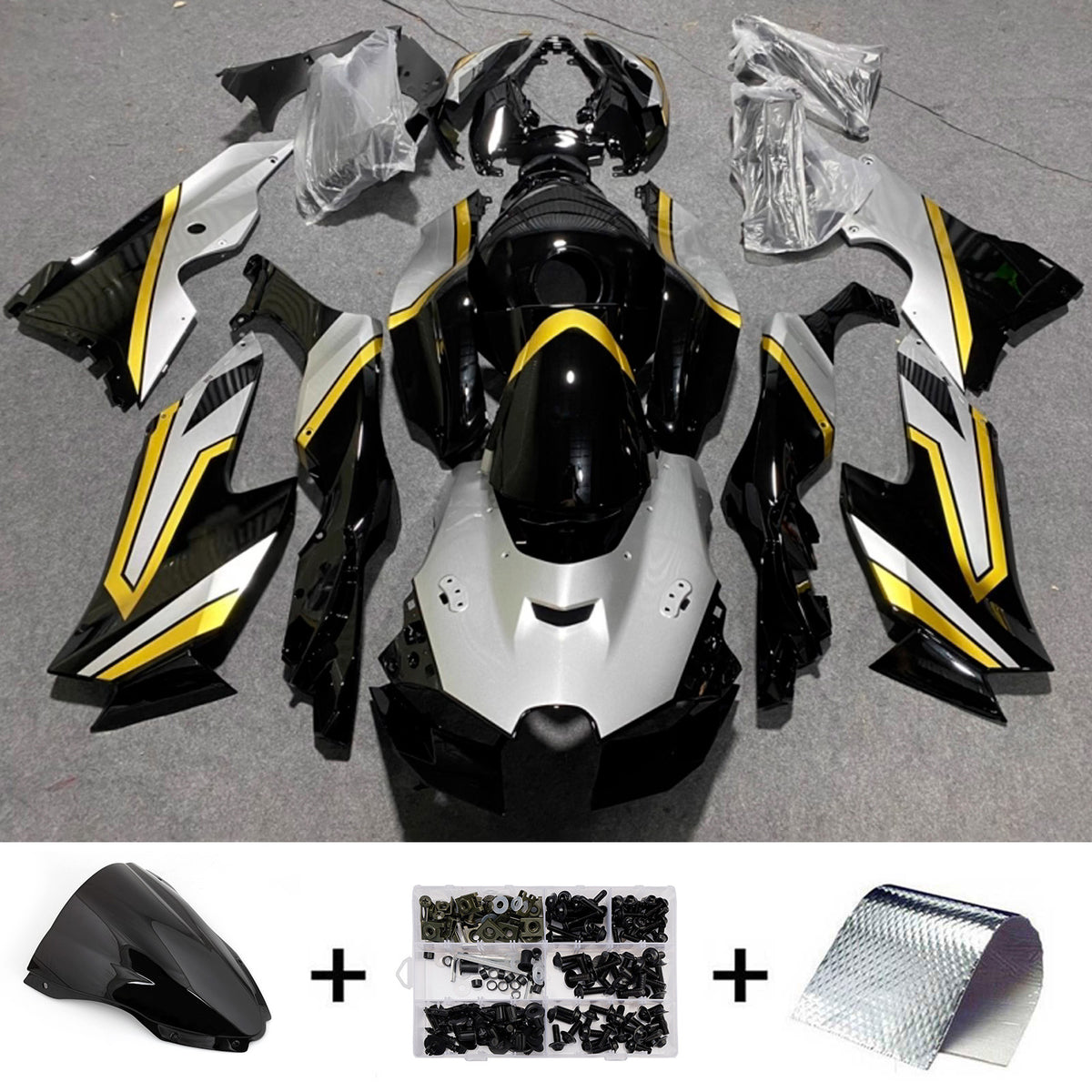 Amotopart 2021-2025 Kawasaki ZX-10R ZX-10RR Black Gold Gray Fairing Kit