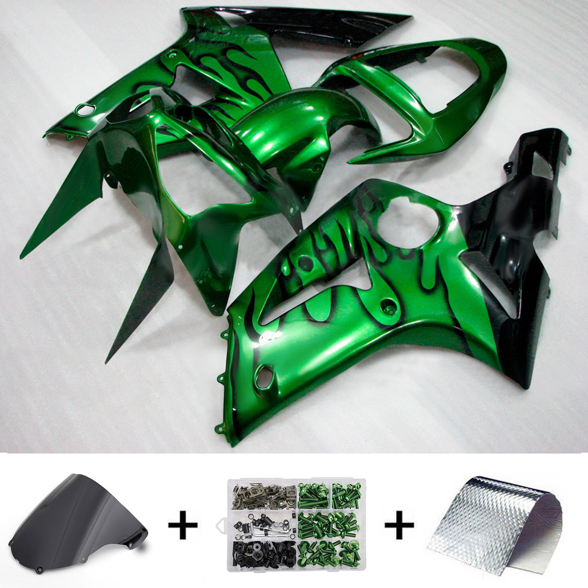 Amotopart 2003–2004 Kawasaki ZX-6R 636 Schwarz Grau Grün Verkleidungsset