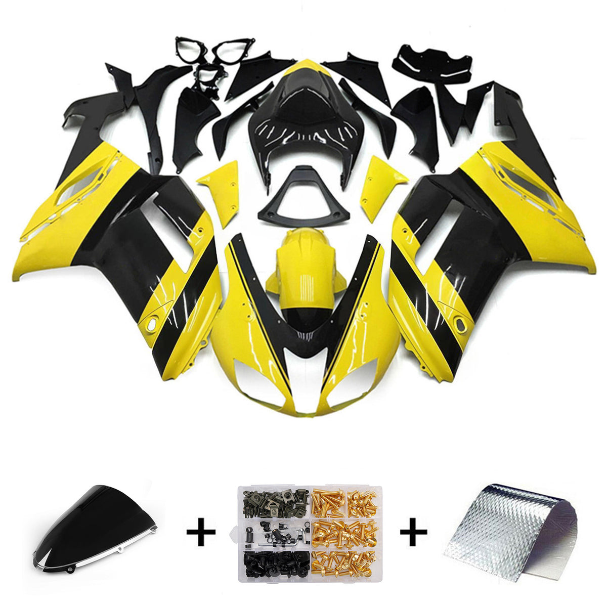 Amotopart 2007–2008 Kawasaki ZX-6R 636 Schwarz Grau Gelb Weiß Verkleidungsset