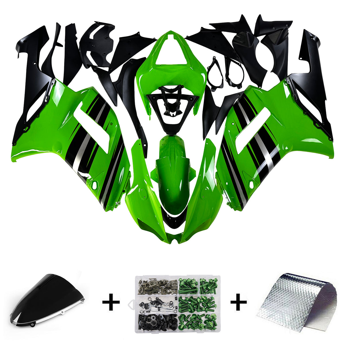 Amotopart 2007-2008 Kawasaki ZX-6R 636 White Green Black Fairing Kit