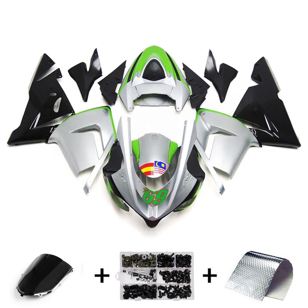 Amotopart 2004-2005 Kawasaki ZX-10R Sort Grå Hvid Grøn Fairing Kit
