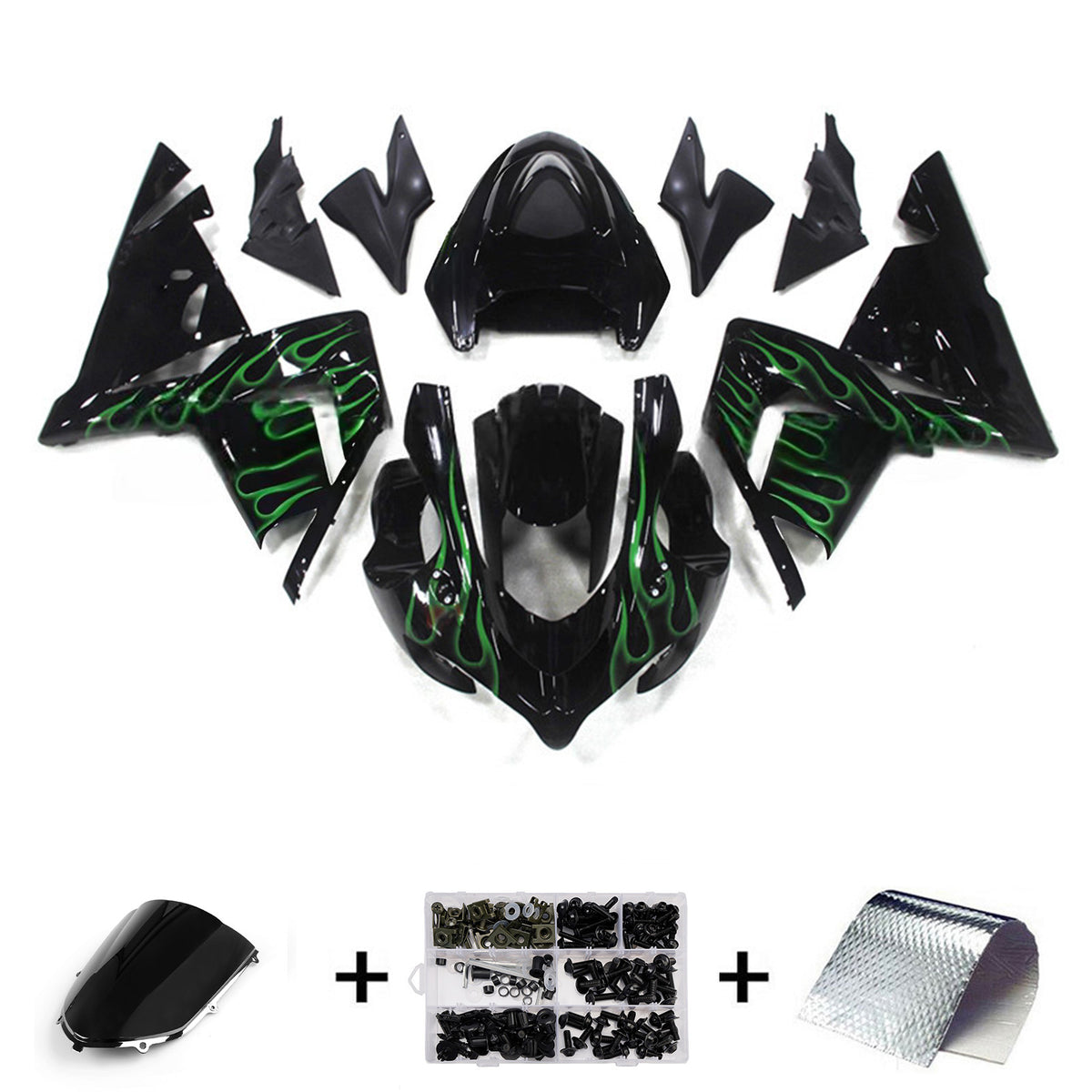 Amotopart 2004–2005 Kawasaki ZX-10R Grün Schwarz Verkleidungsset