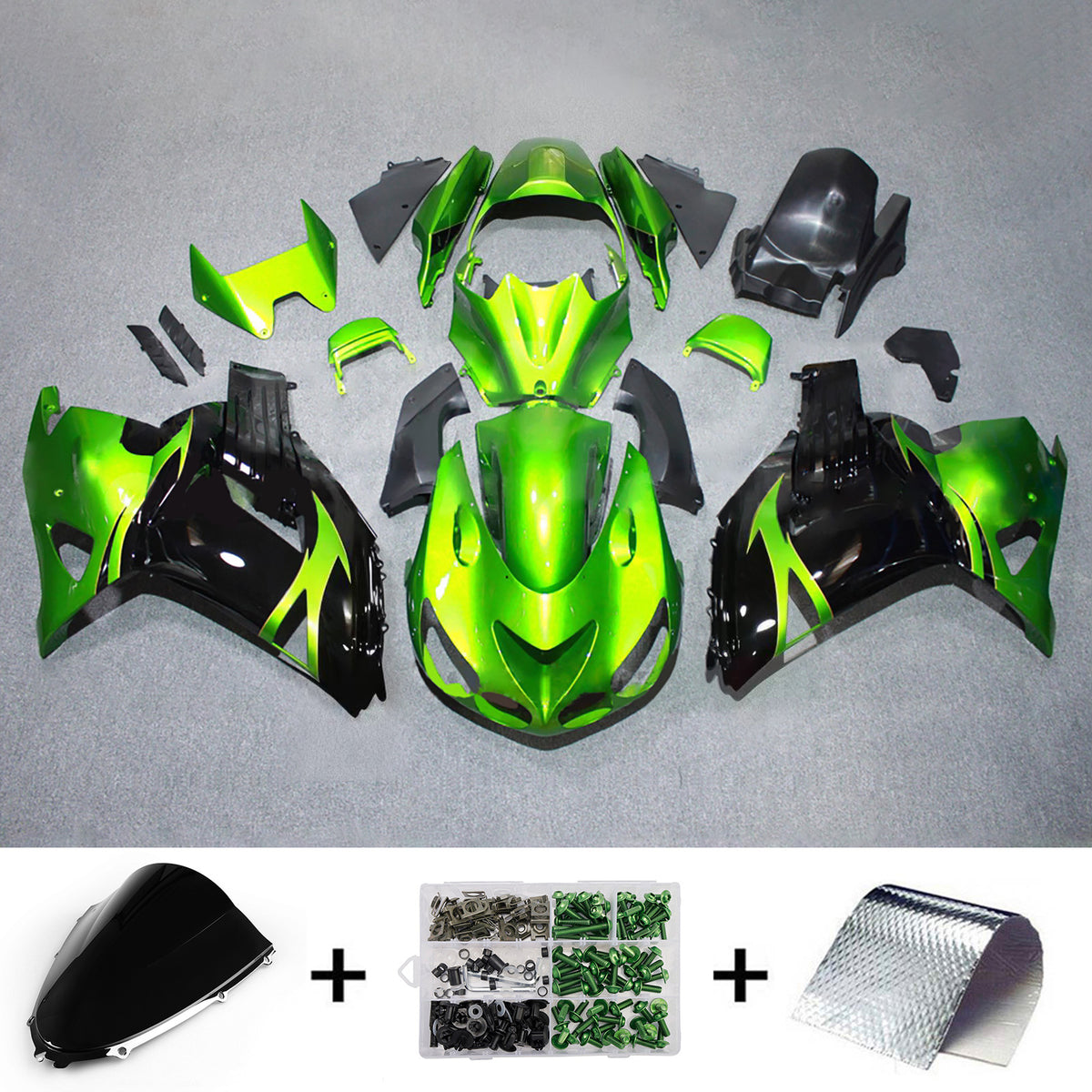 Amotopart 2012-2026 Kawasaki ZX-14R ZZR1400 Black Green Fairing Kit