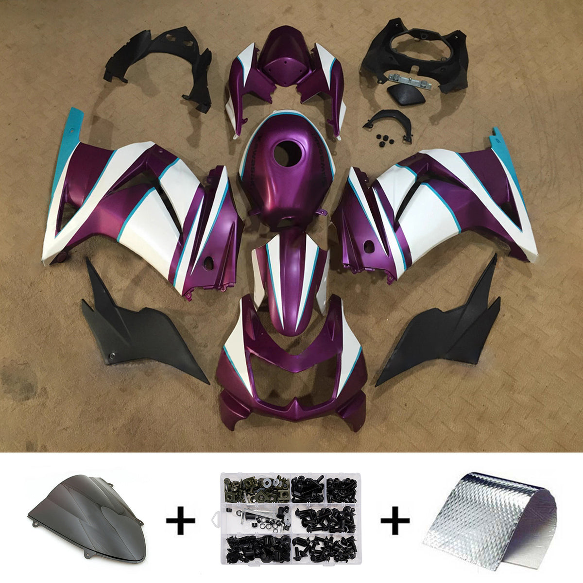 Amotopart 2008–2012 Kawasaki EX250 Ninja 250R Lila Schwarz Weiß Rosa Verkleidungsset