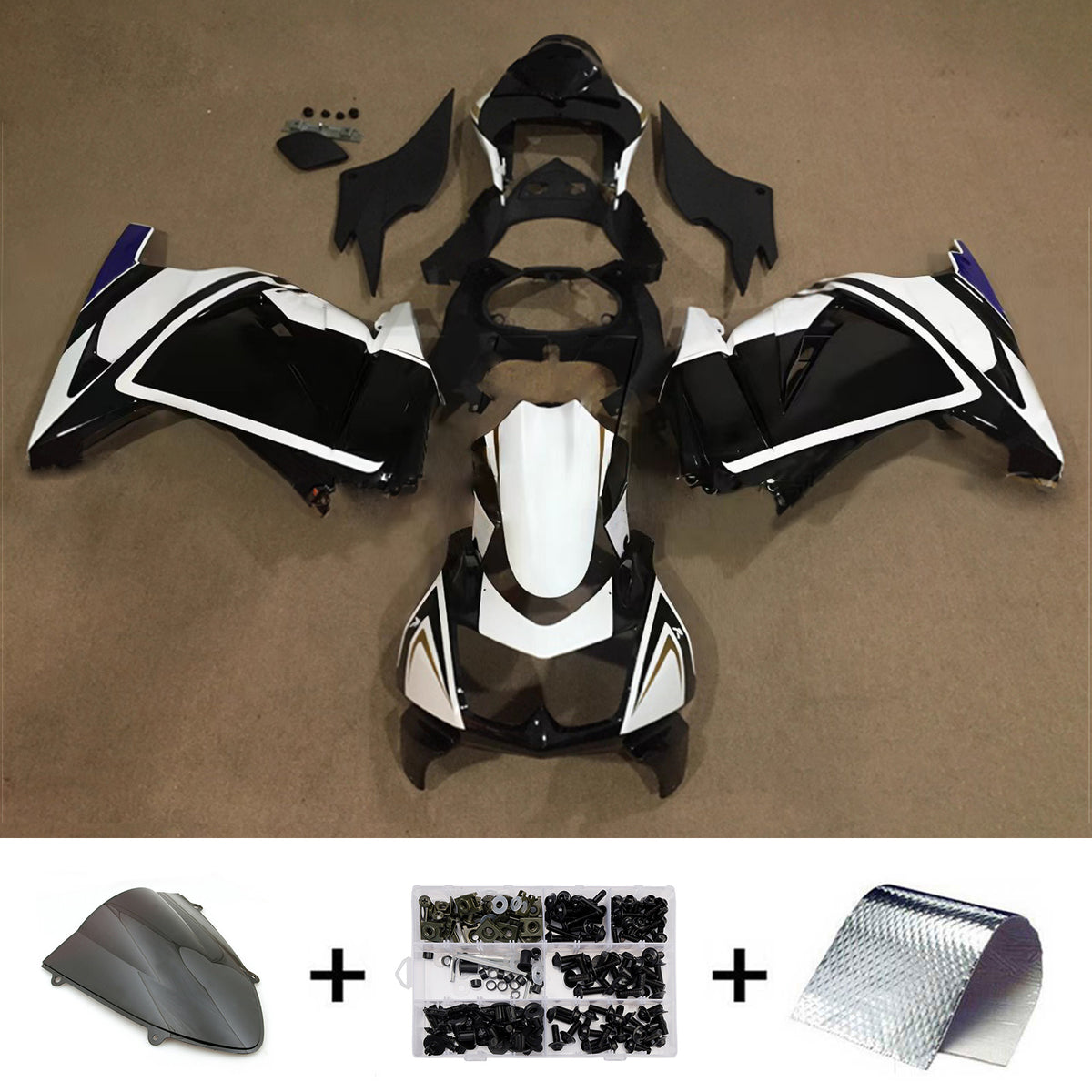 Amotopart 2008-2012 Kawasaki EX250 Ninja 250R Black White Gold Fairing Kit