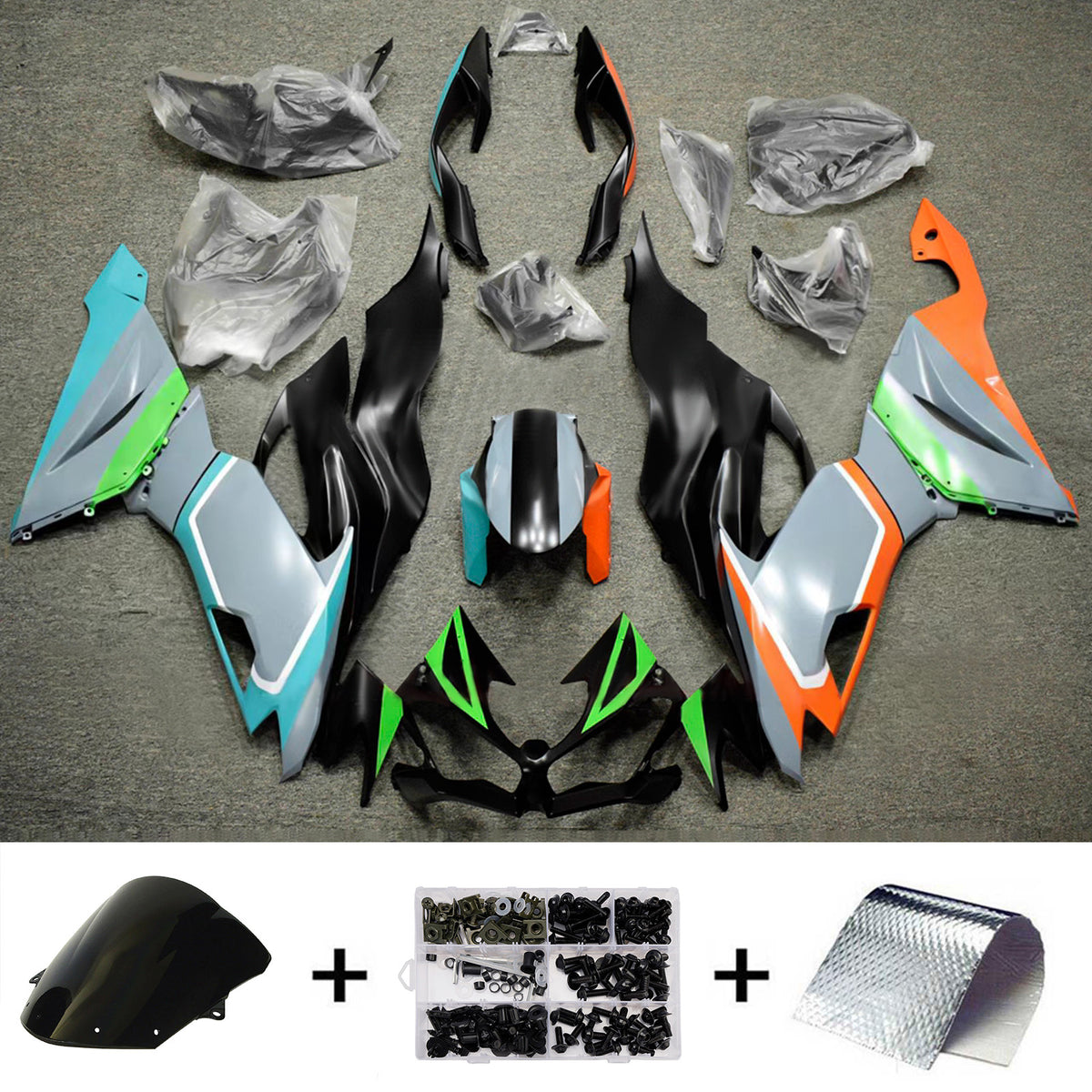 Kit de carenagem Amotopart 2019-2023 Kawasaki ZX-6R preto azul laranja