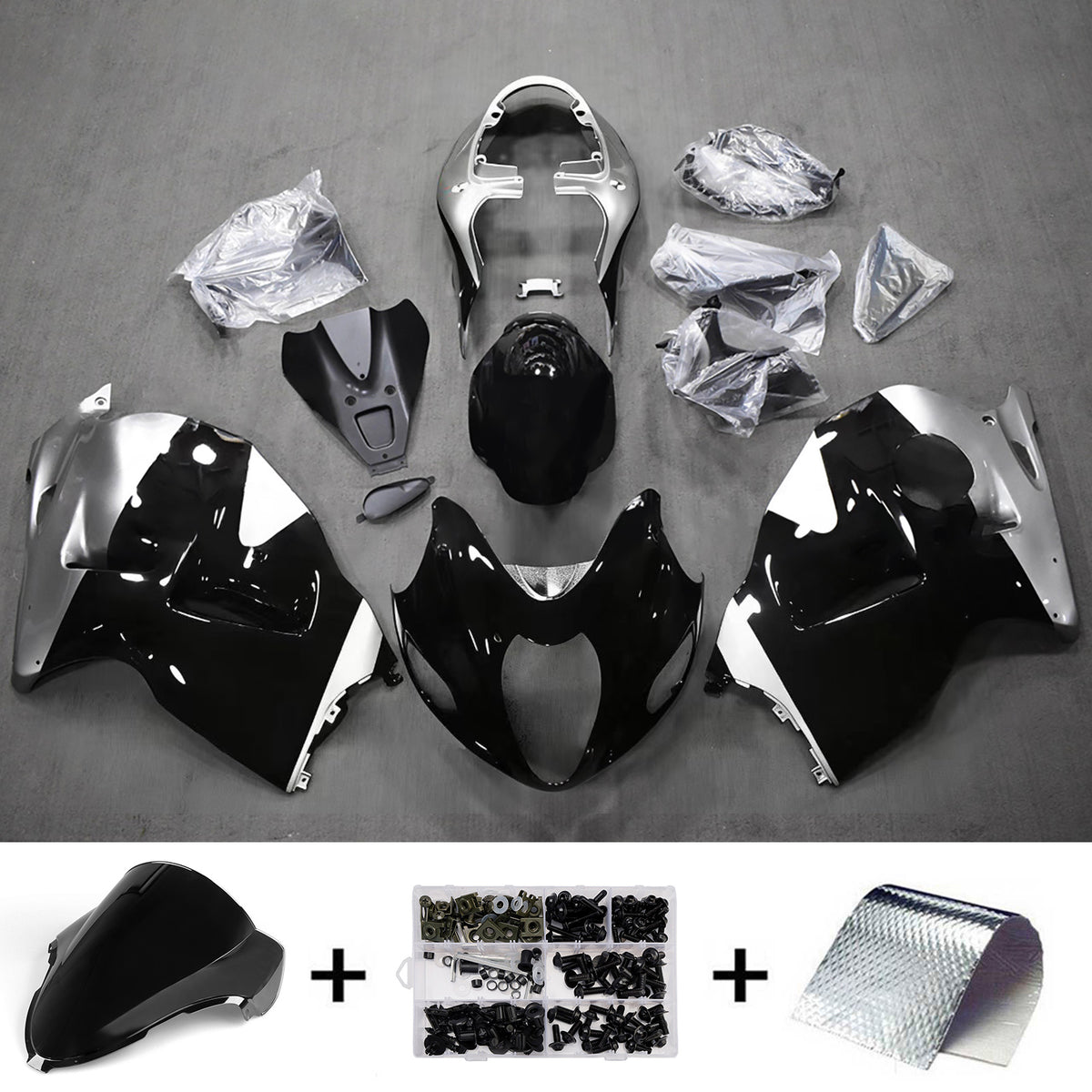 Amotopart 1999–2007 Suzuki Hayabusa GSX1300R Schwarz Grau Weiß Verkleidungsset