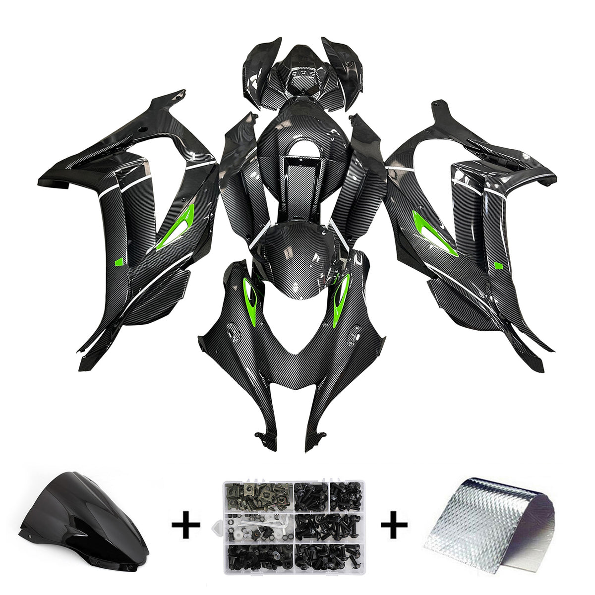 Amotopart 2016-2020 Kawasaki ZX-10R ホワイト ブラック カーボンファイバー パターン フェアリングキット