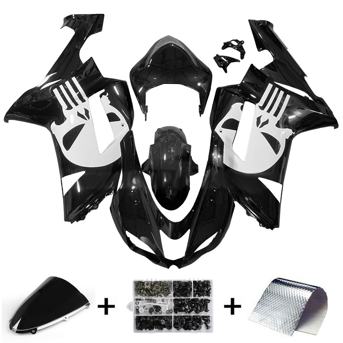 Amotopart 2007–2008 Kawasaki ZX-6R 636 Schwarz Weiß Verkleidungsset