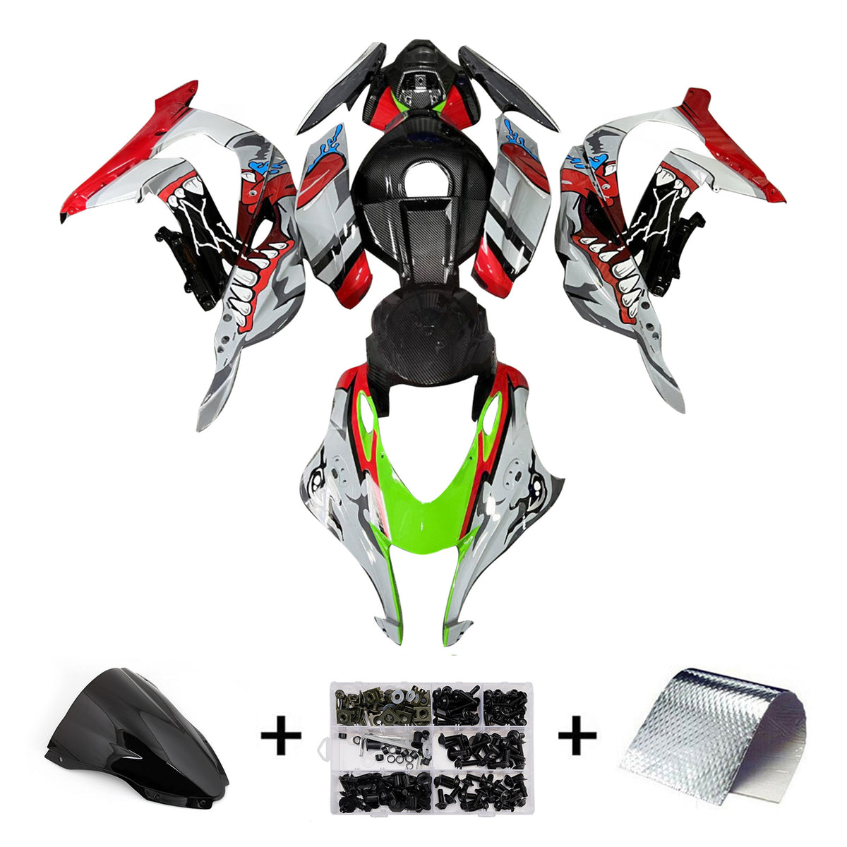 Amotopart 2016-2020 Kawasaki ZX-10R Kit de carénage en fibre de carbone rouge noir blanc