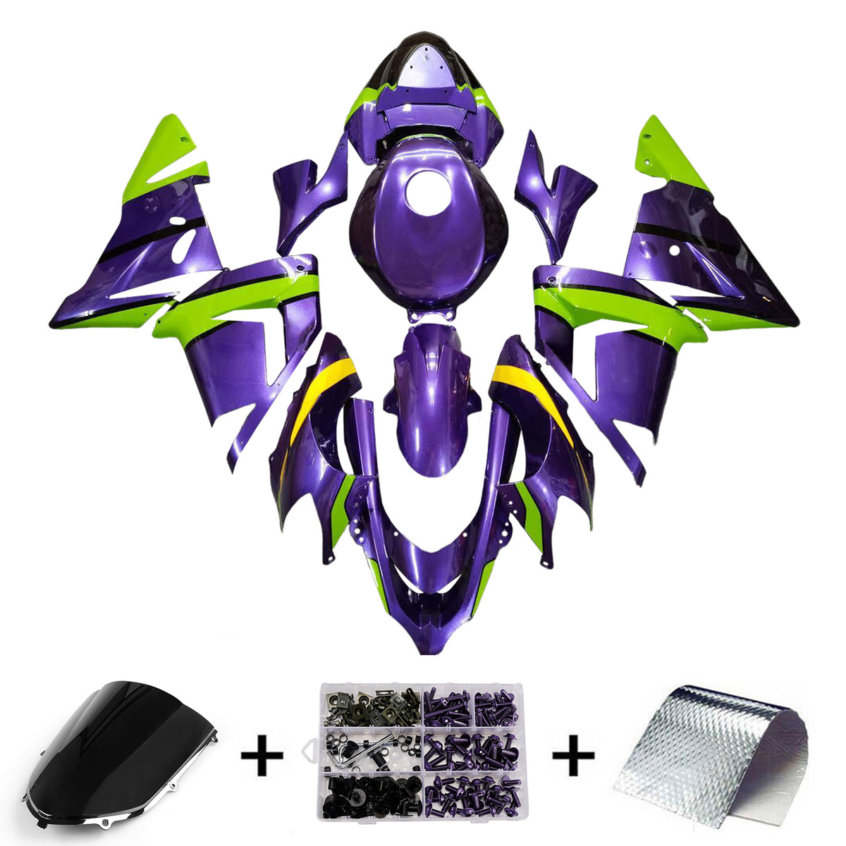 Amotopart 2004–2005 Kawasaki ZX-10R Schwarz Lila Grün Verkleidungsset
