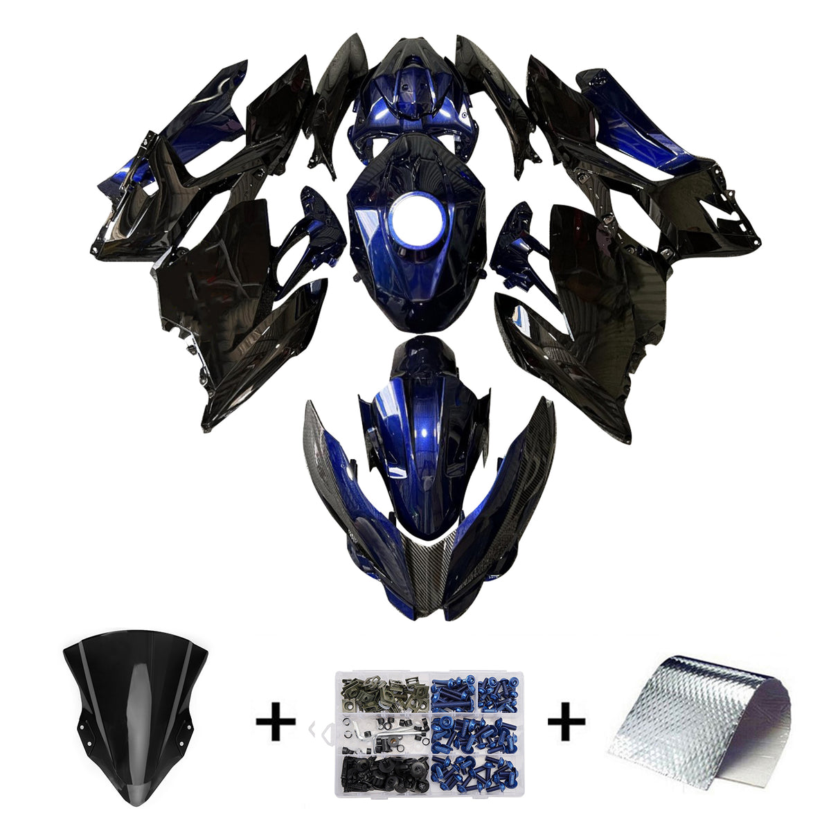 Amotopart 2018–2024 Kawasaki EX400 Ninja 400 Blau Weiß Schwarz Karbonfaser-Muster-Verkleidungsset