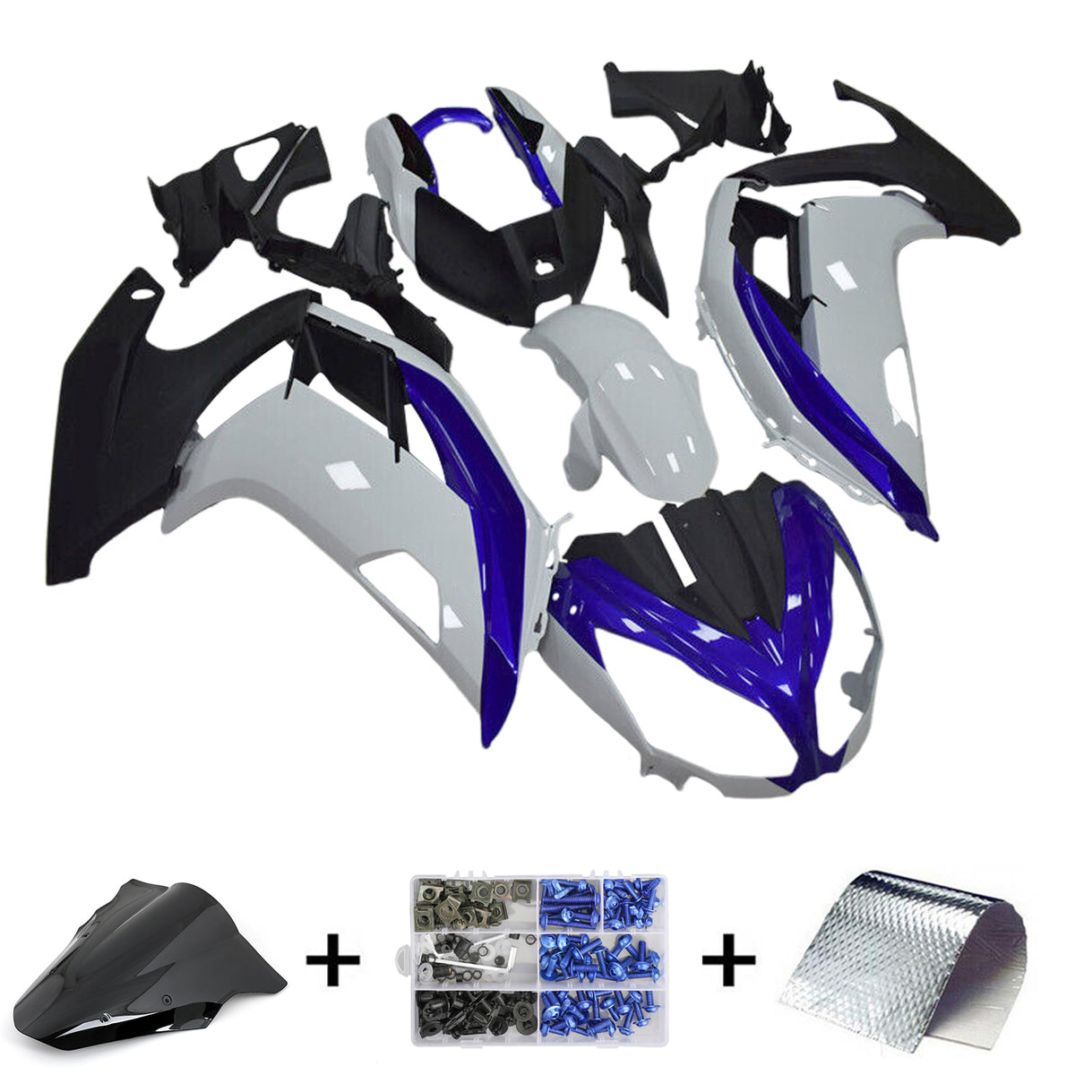 Amotopart 2012–2016 Kawasaki ER-6F Ninja 650 Schwarz Grau Weiß Blau Verkleidungsset
